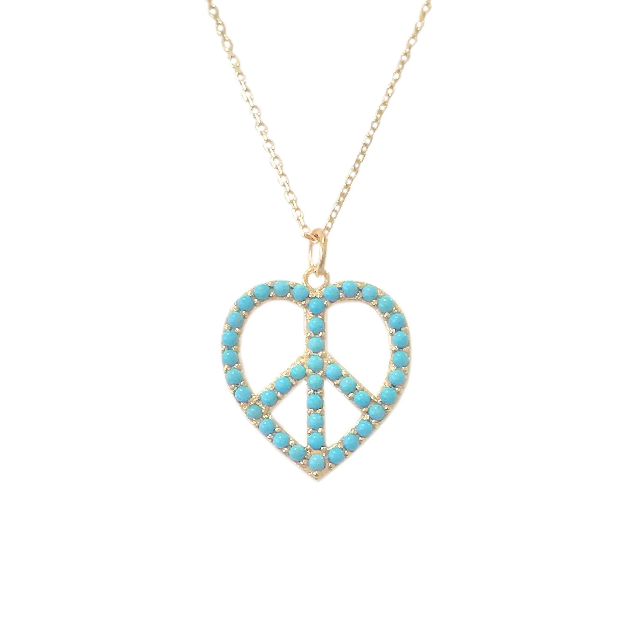 14K Gold Pavé Turquoise Peace & Love Necklace, Medium Size