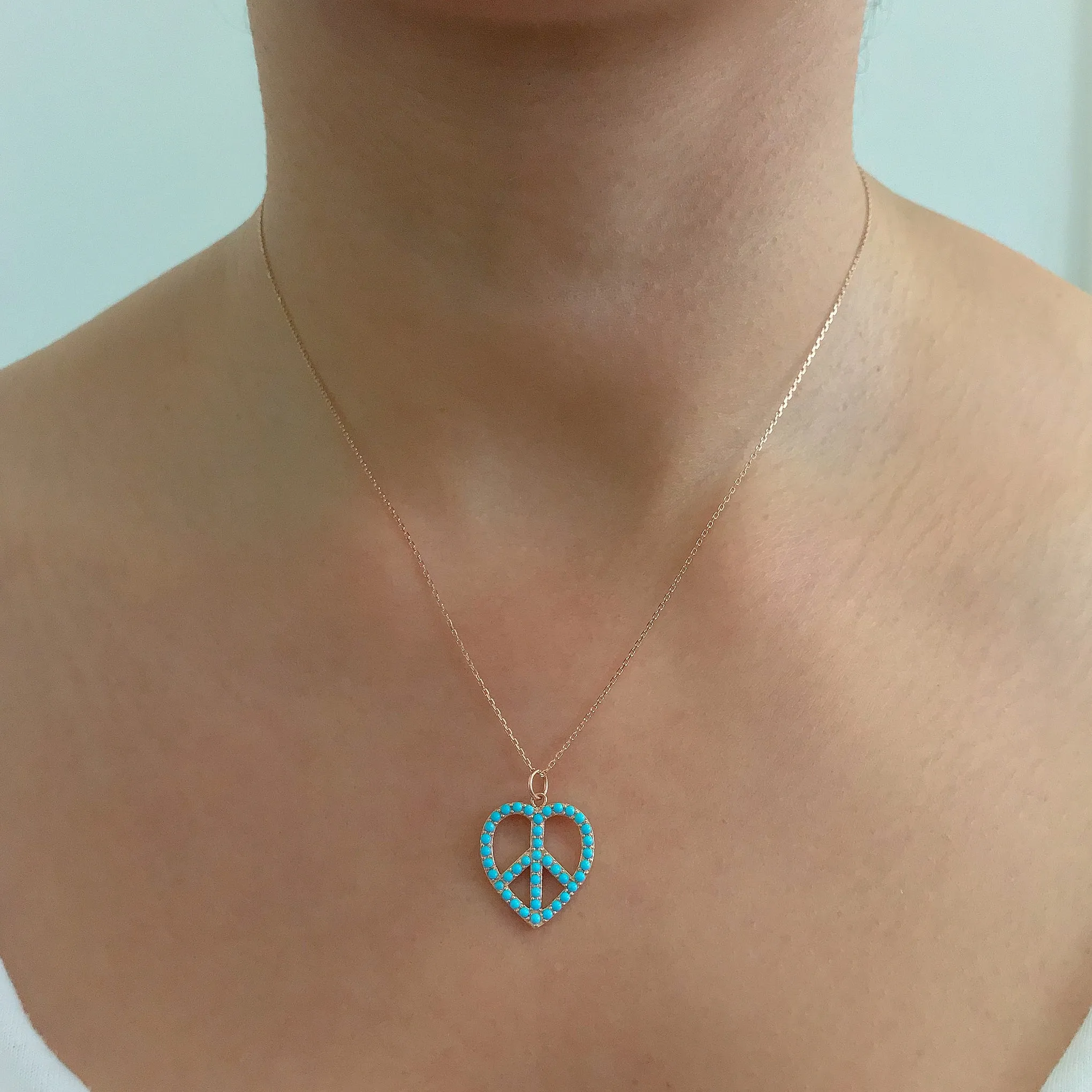 14K Gold Pavé Turquoise Peace & Love Necklace, Medium Size