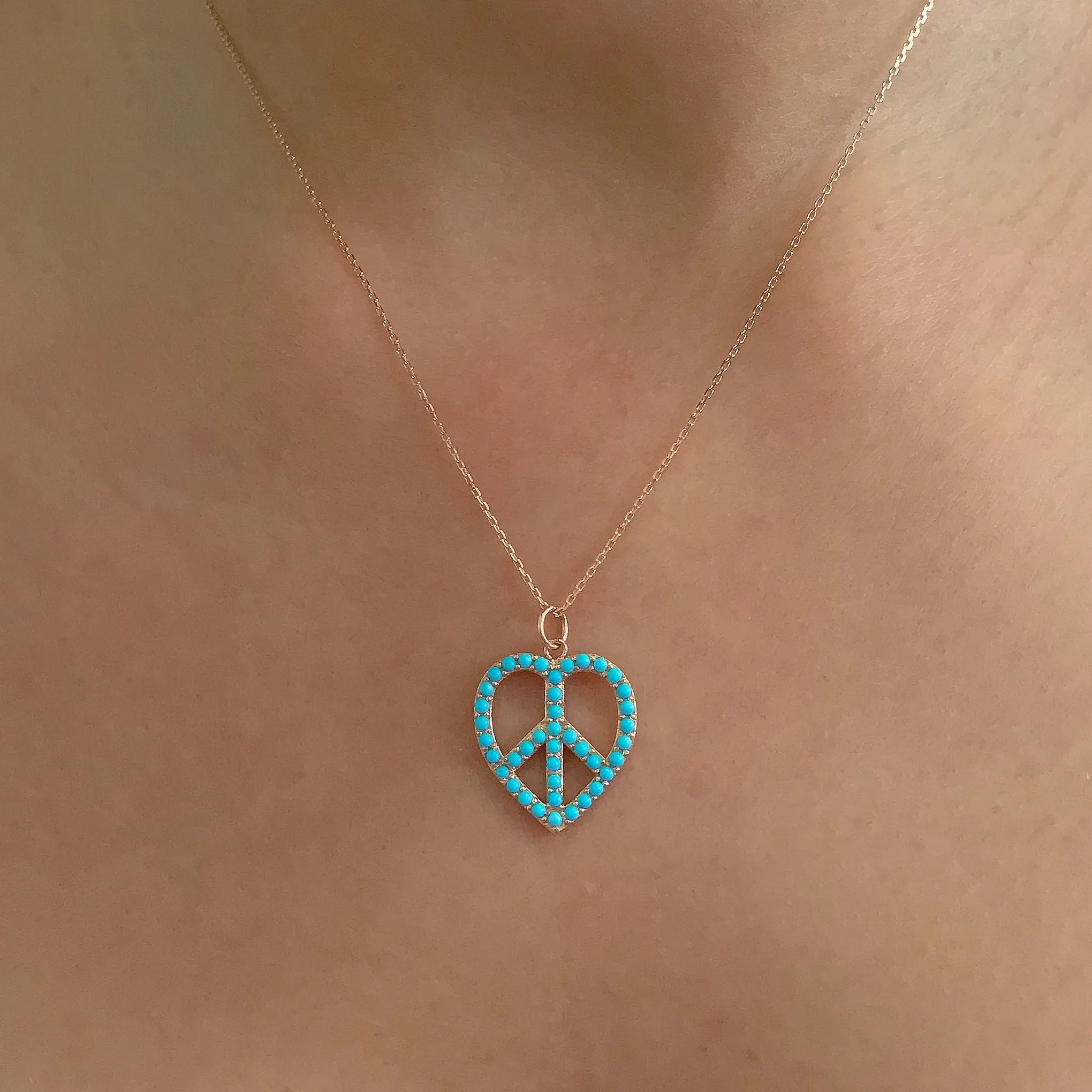 14K Gold Pavé Turquoise Peace & Love Necklace, Medium Size