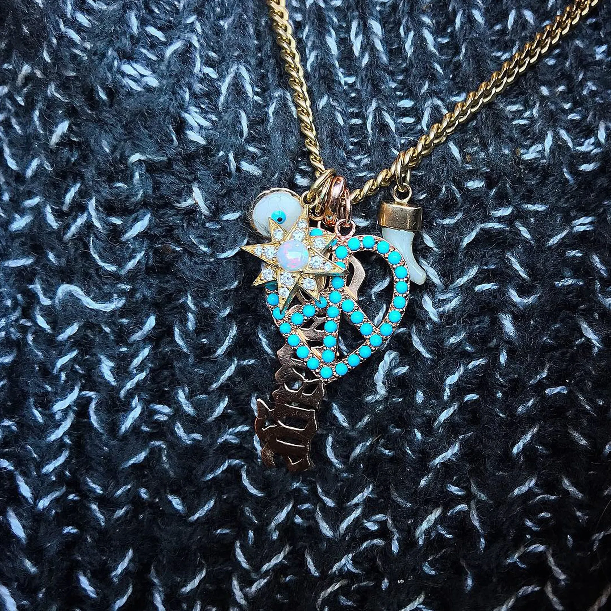 14K Gold Pavé Turquoise Peace & Love Necklace, Medium Size