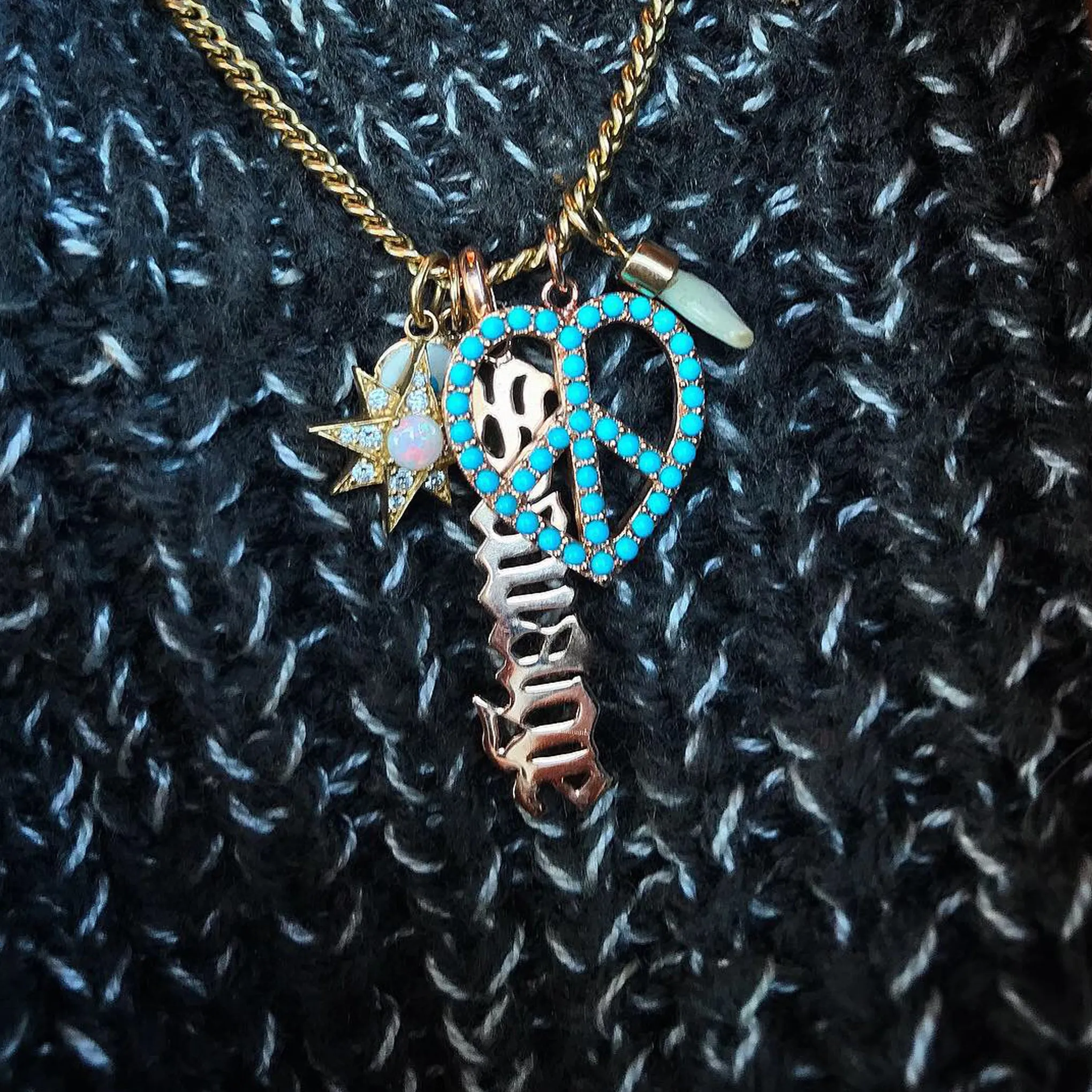 14K Gold Pavé Turquoise Peace & Love Necklace, Medium Size