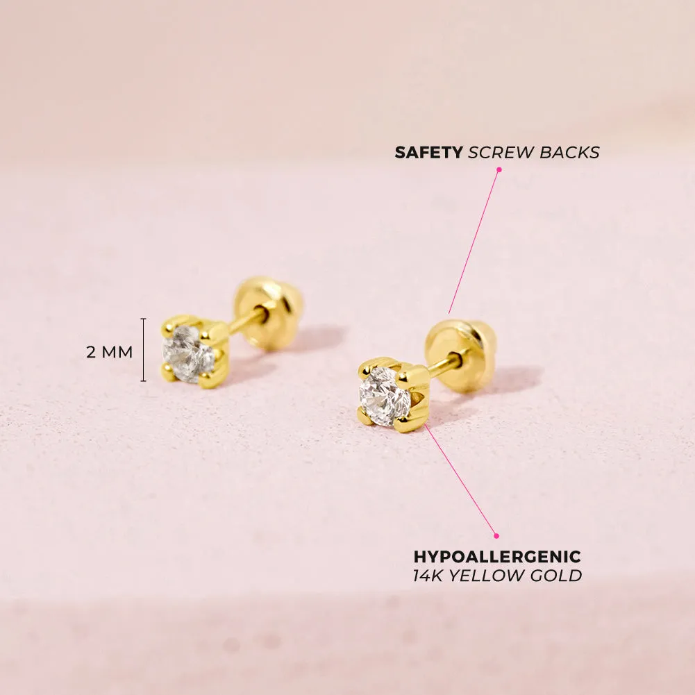 14k Gold Prong Set Diamond Baby / Toddler / Kid Earrings Safety Screw Back