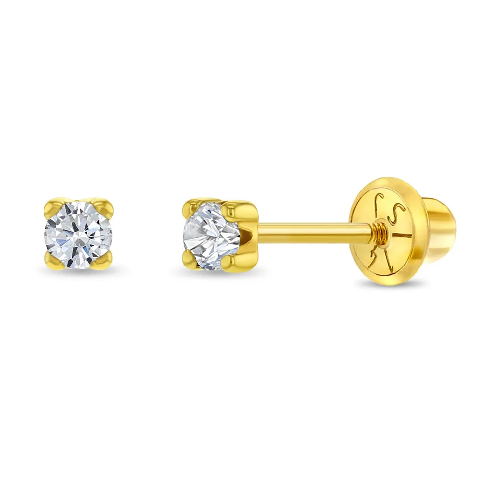 14k Gold Prong Set Diamond Baby / Toddler / Kid Earrings Safety Screw Back