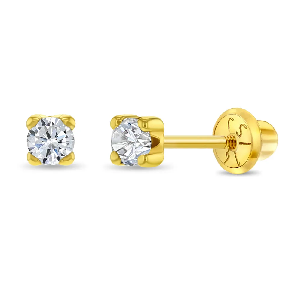 14k Gold Prong Set Diamond Baby / Toddler / Kid Earrings Safety Screw Back