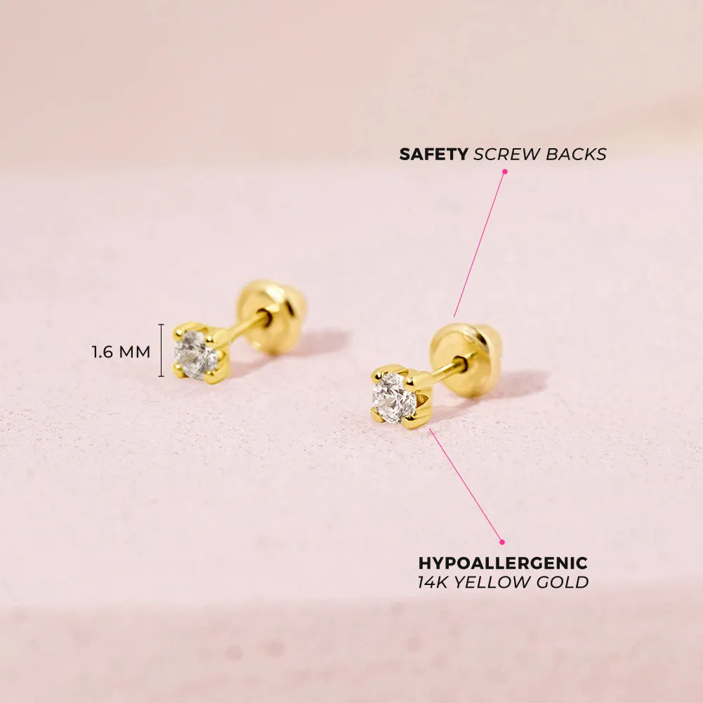 14k Gold Prong Set Diamond Baby / Toddler / Kid Earrings Safety Screw Back
