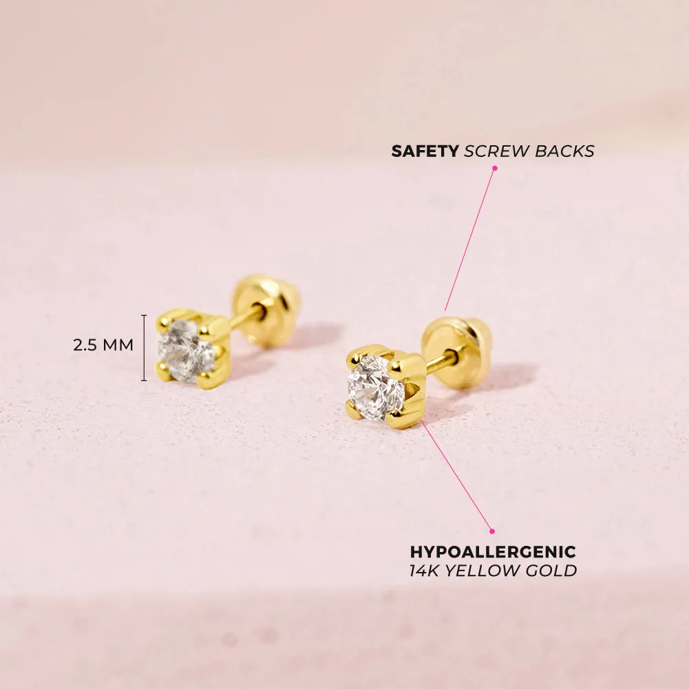 14k Gold Prong Set Diamond Baby / Toddler / Kid Earrings Safety Screw Back