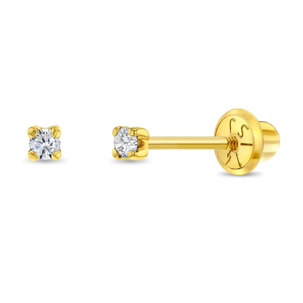 14k Gold Prong Set Diamond Baby / Toddler / Kid Earrings Safety Screw Back