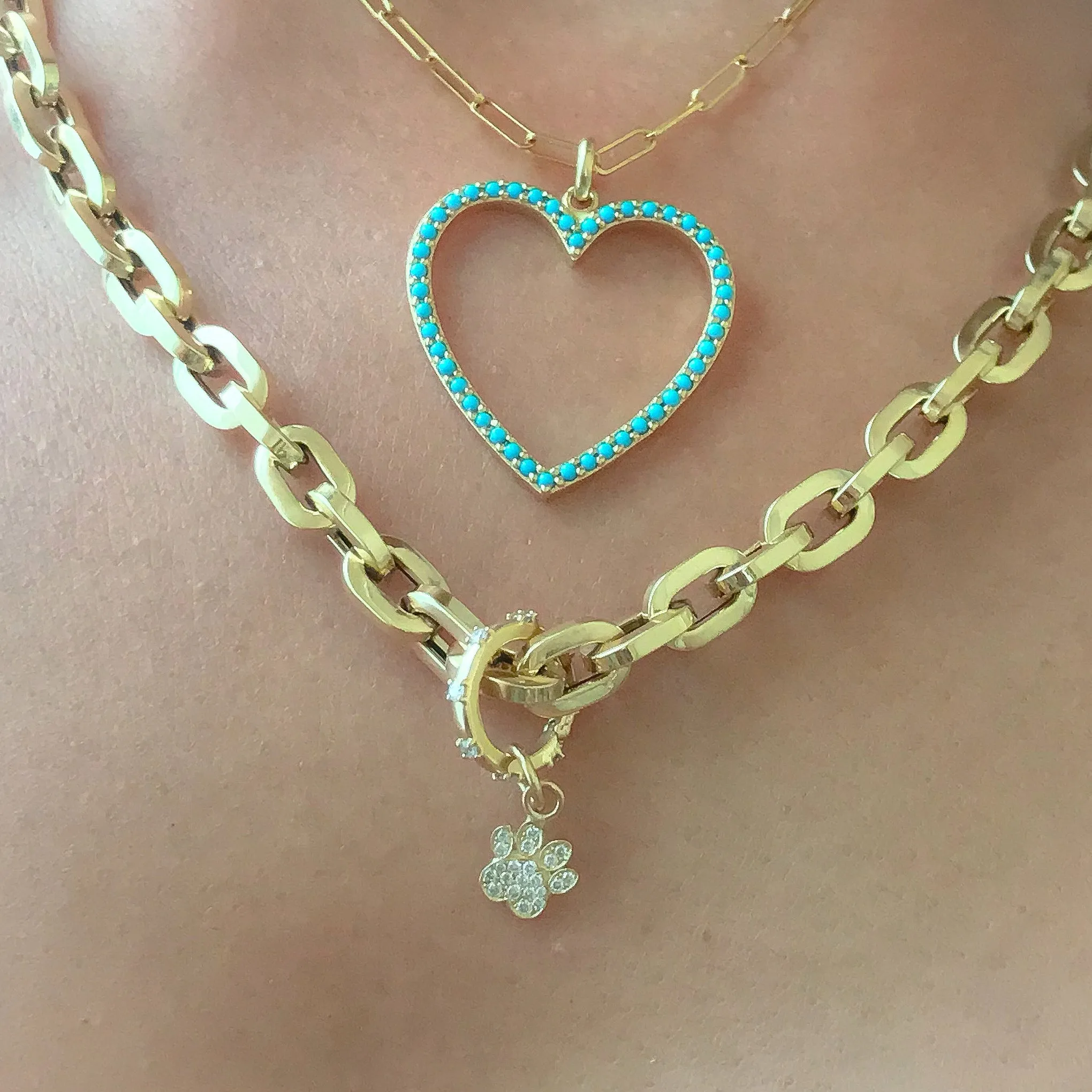 14K Gold Turquoise Heart Shape Frame Necklace, Large Size
