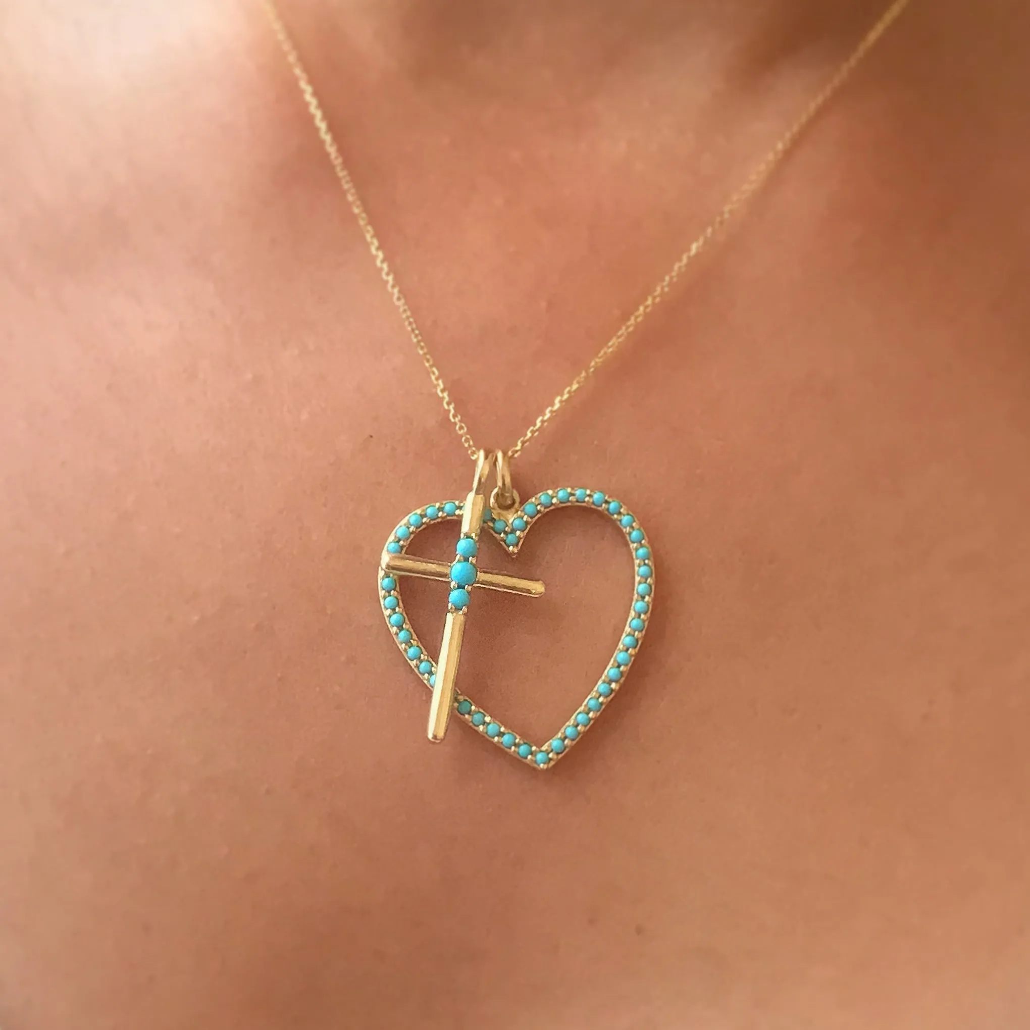 14K Gold Turquoise Heart Shape Frame Necklace, Large Size