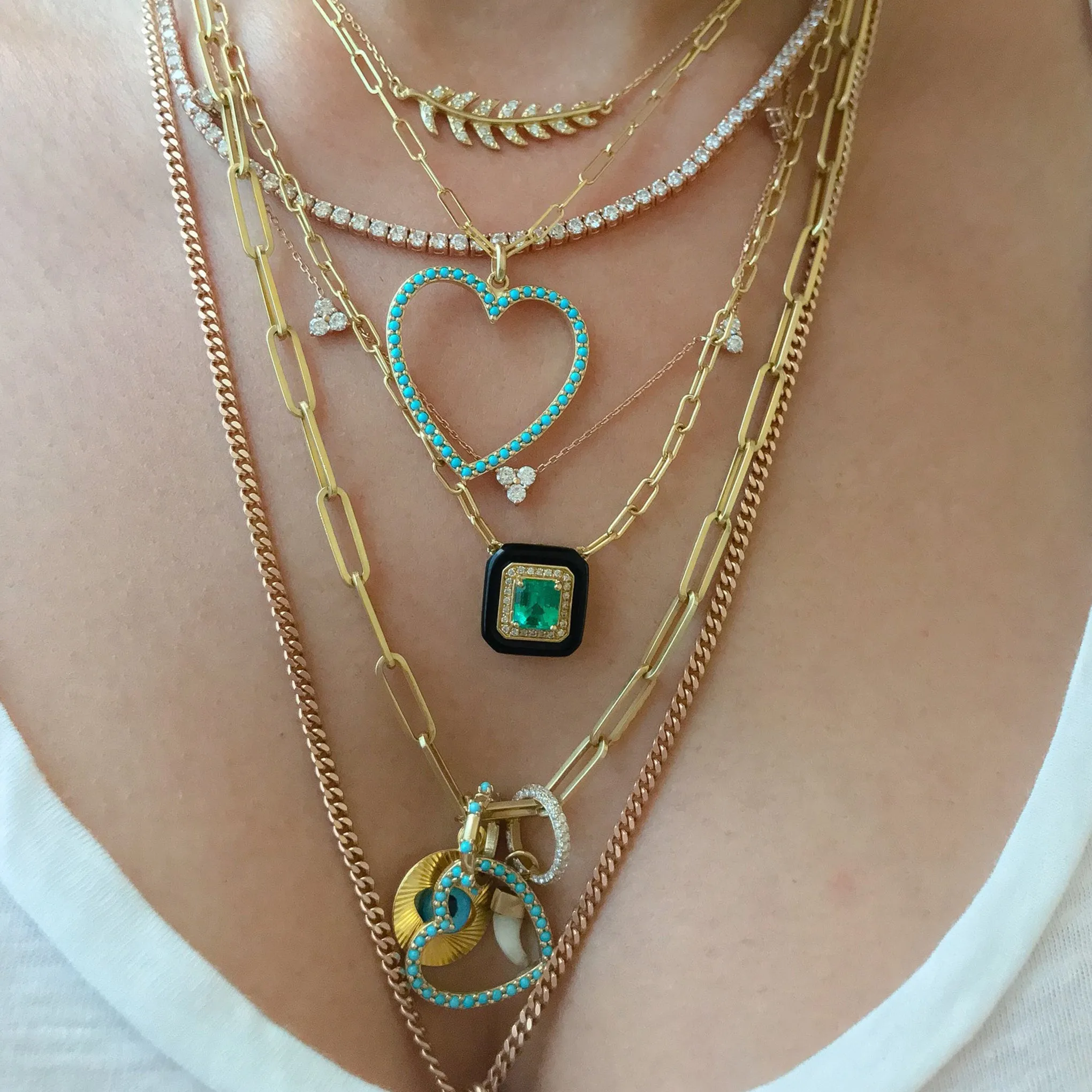 14K Gold Turquoise Heart Shape Frame Necklace, Large Size