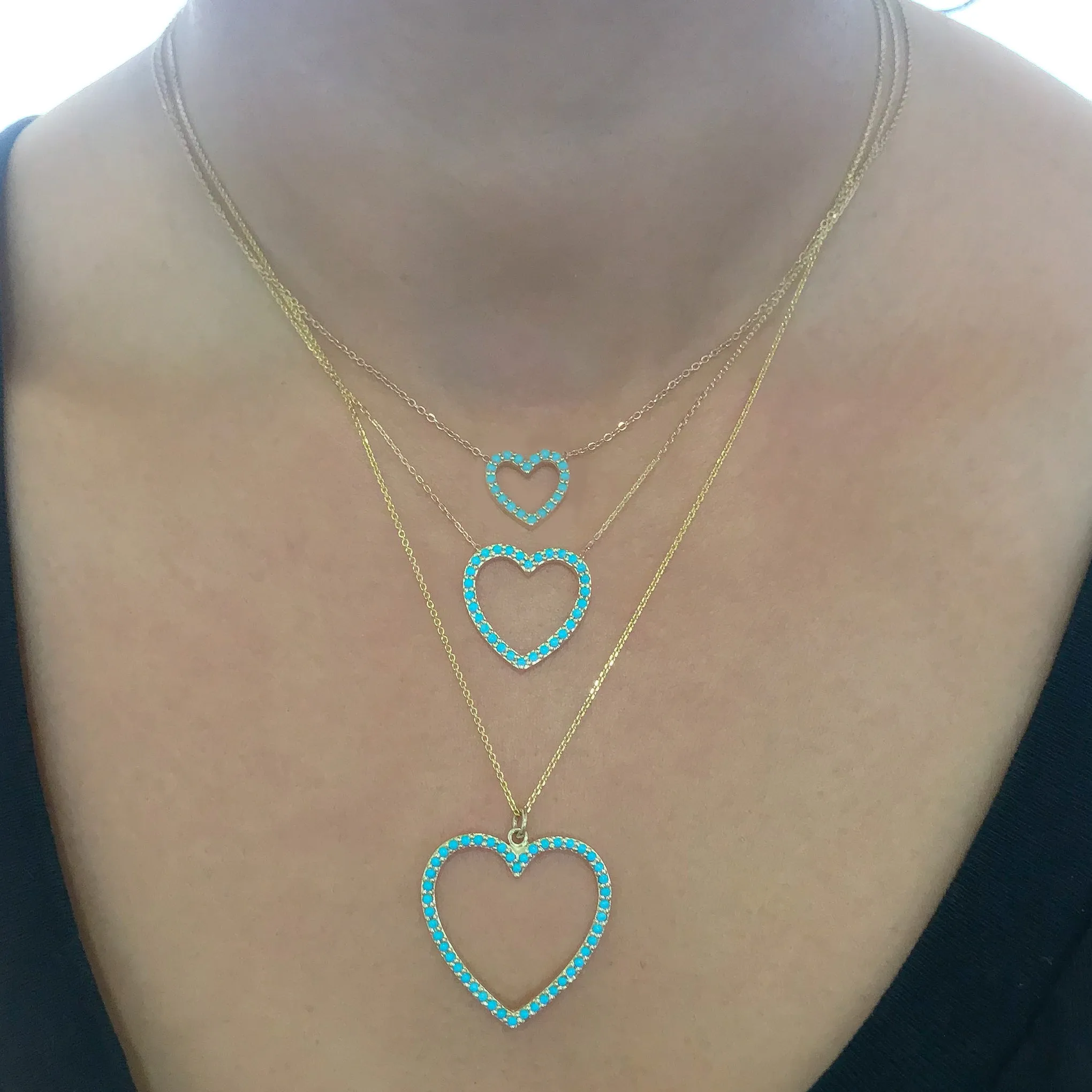 14K Gold Turquoise Heart Shape Frame Necklace, Large Size