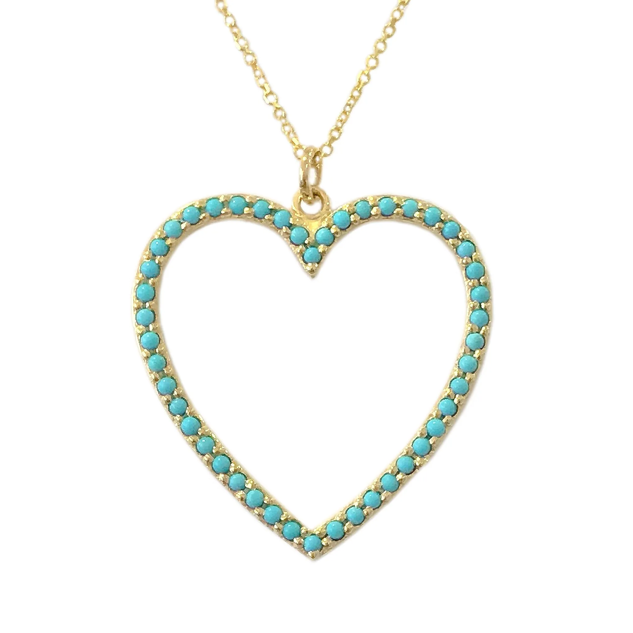 14K Gold Turquoise Heart Shape Frame Necklace, Large Size