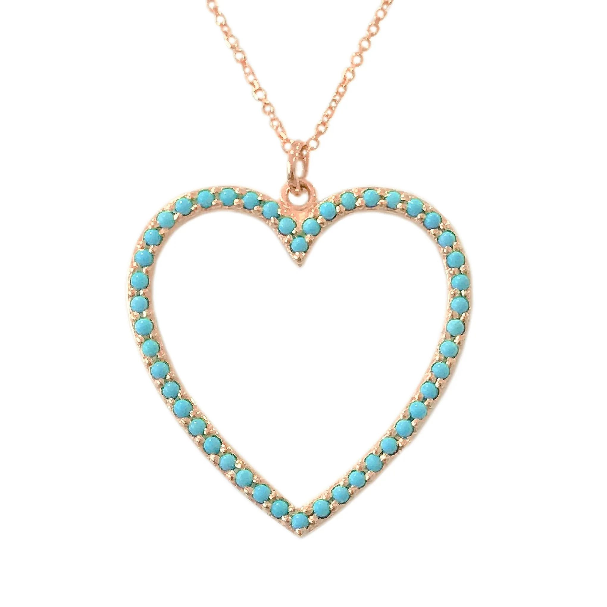 14K Gold Turquoise Heart Shape Frame Necklace, Large Size