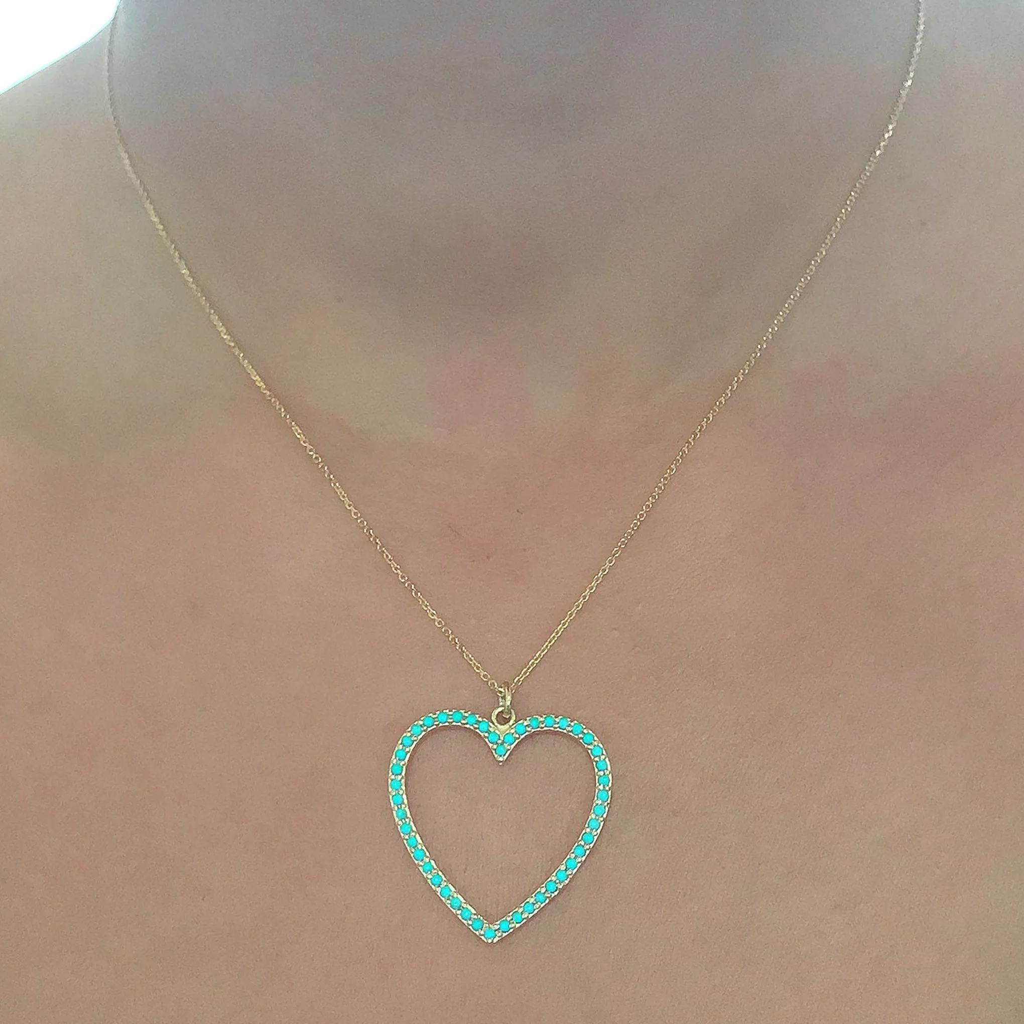 14K Gold Turquoise Heart Shape Frame Necklace, Large Size