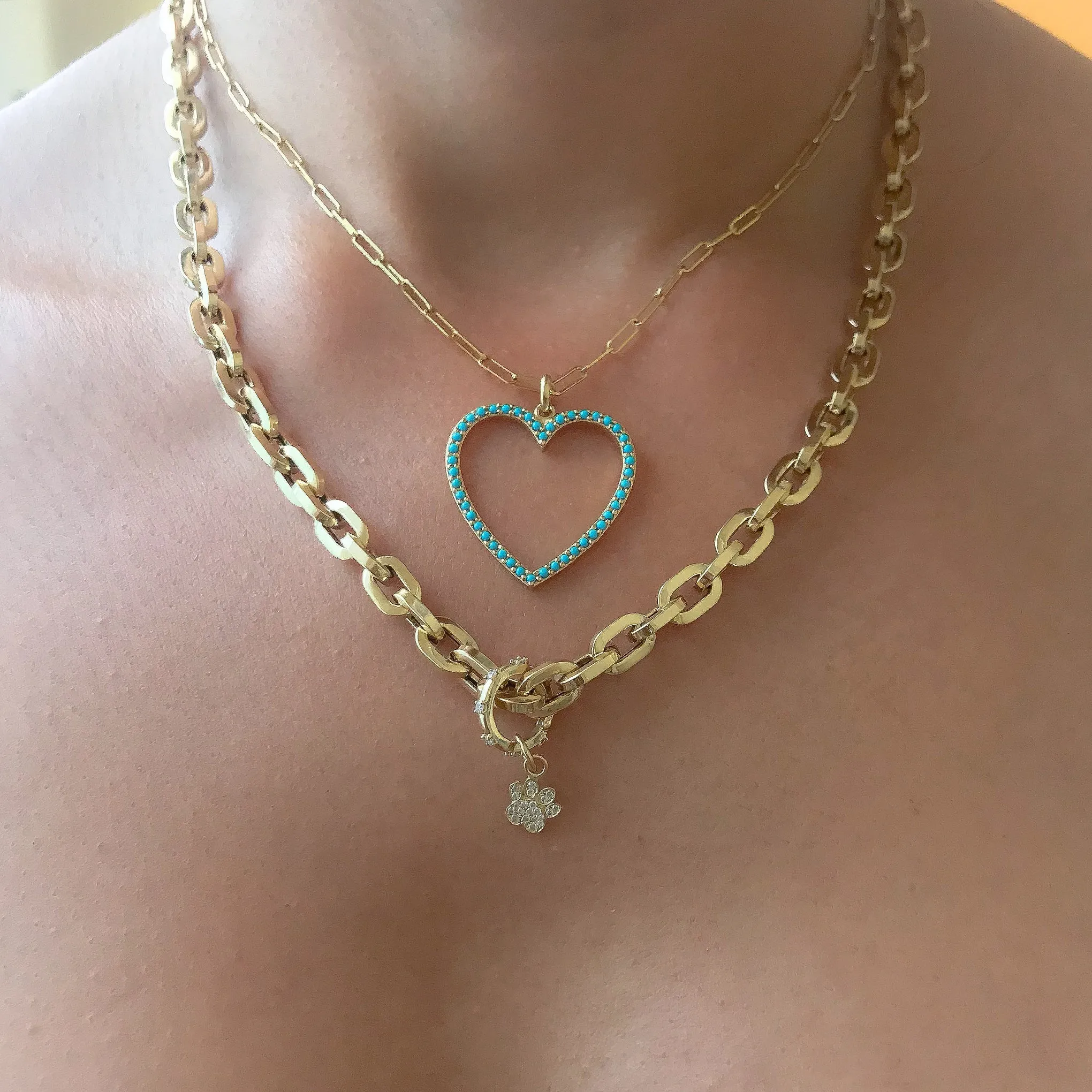 14K Gold Turquoise Heart Shape Frame Necklace, Large Size