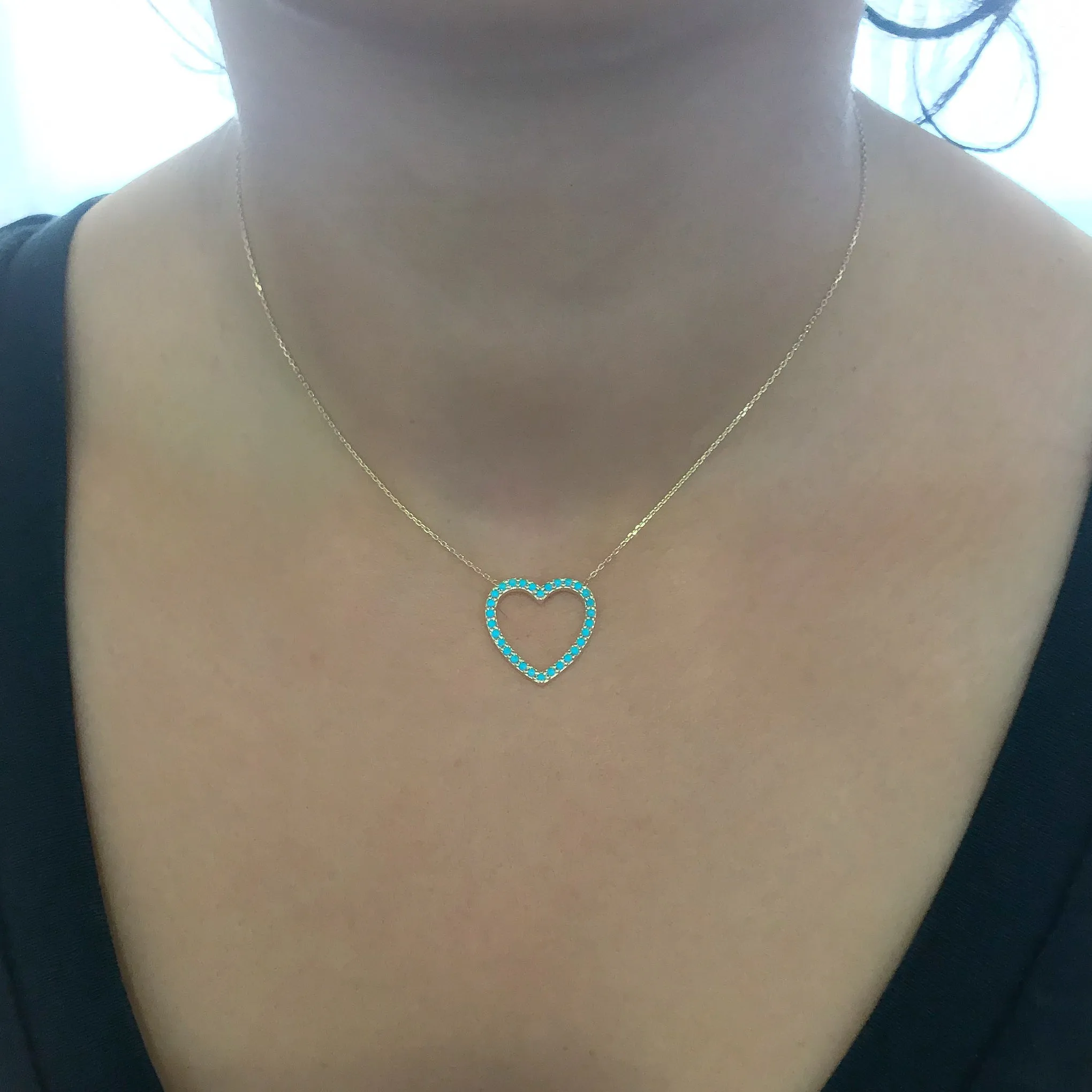 14K Gold Turquoise Heart Shape Frame Necklace, Medium Size