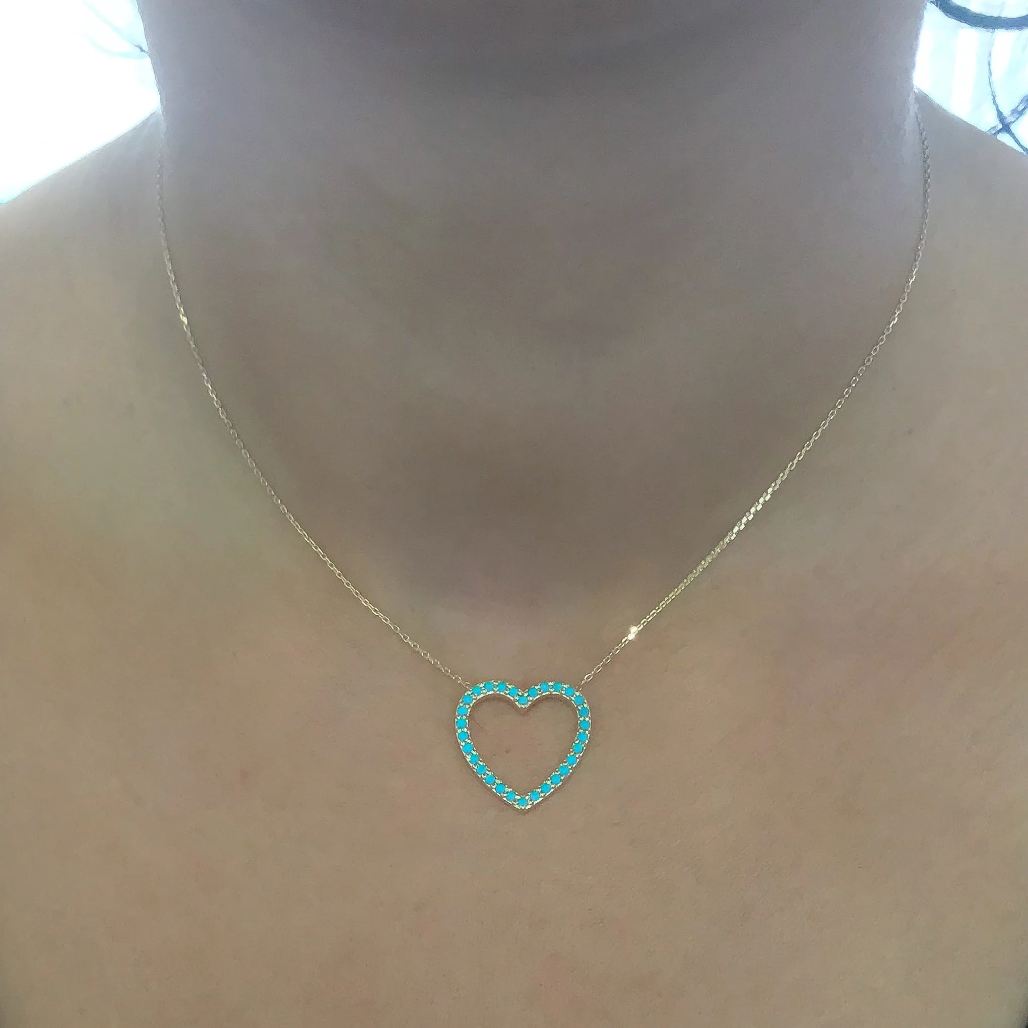 14K Gold Turquoise Heart Shape Frame Necklace, Medium Size