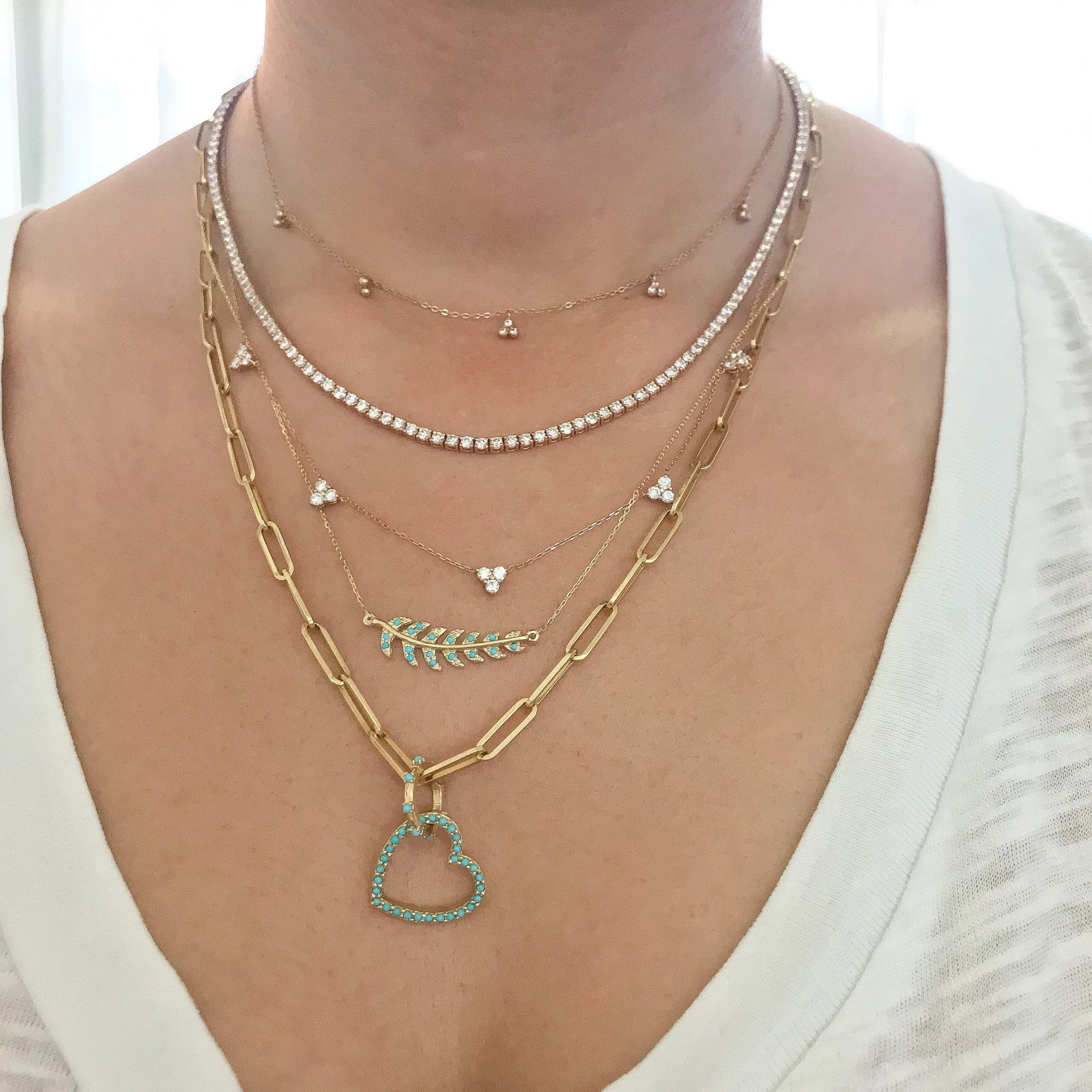 14K Gold Turquoise Heart Shape Frame Necklace, Medium Size
