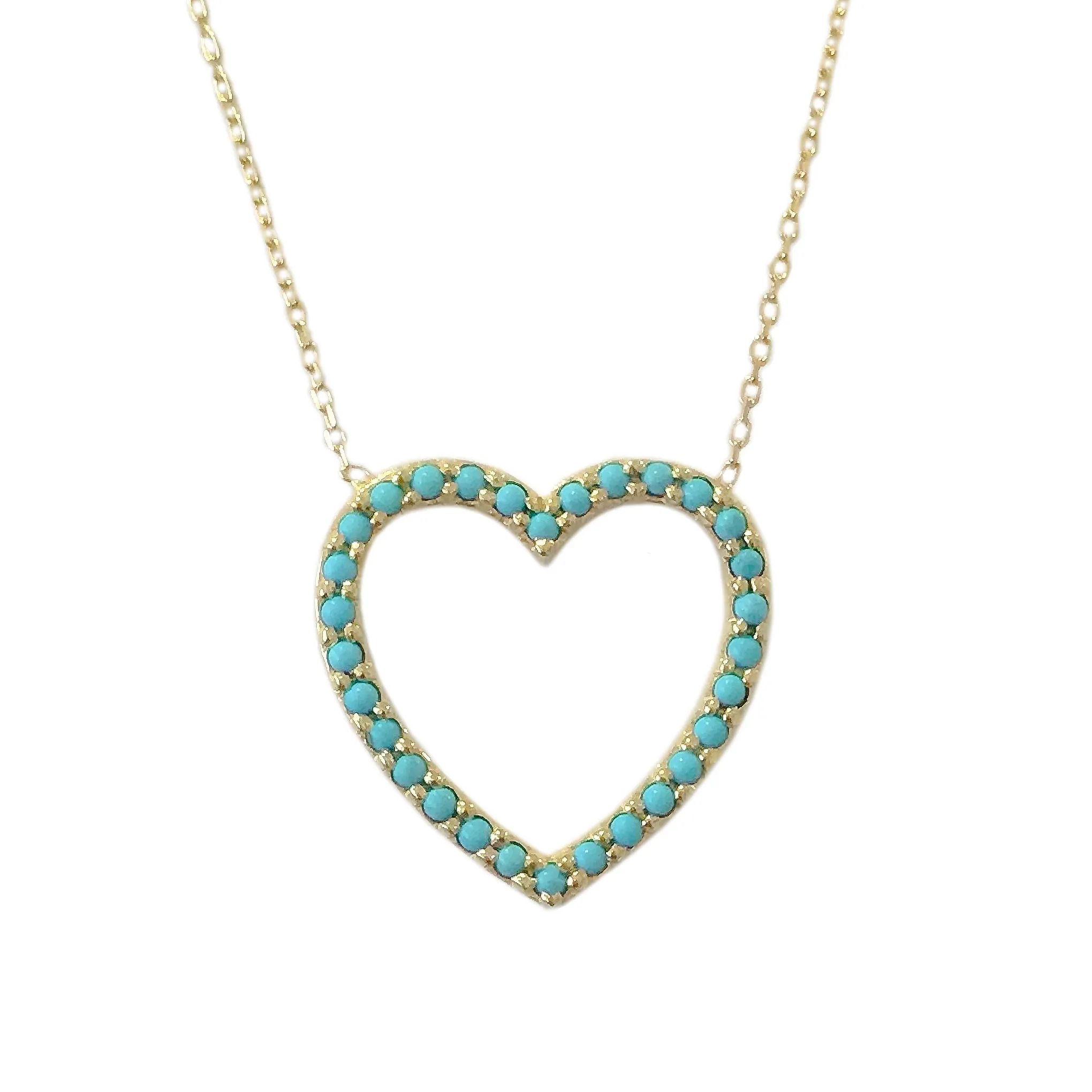 14K Gold Turquoise Heart Shape Frame Necklace, Medium Size