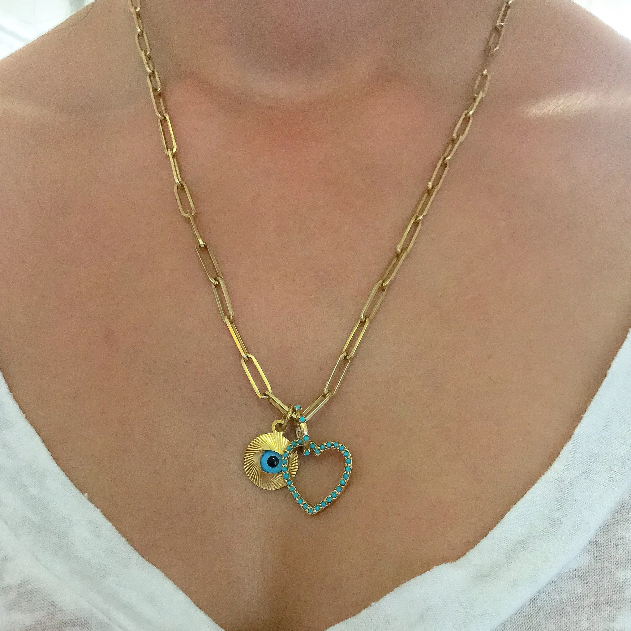 14K Gold Turquoise Heart Shape Frame Necklace, Medium Size