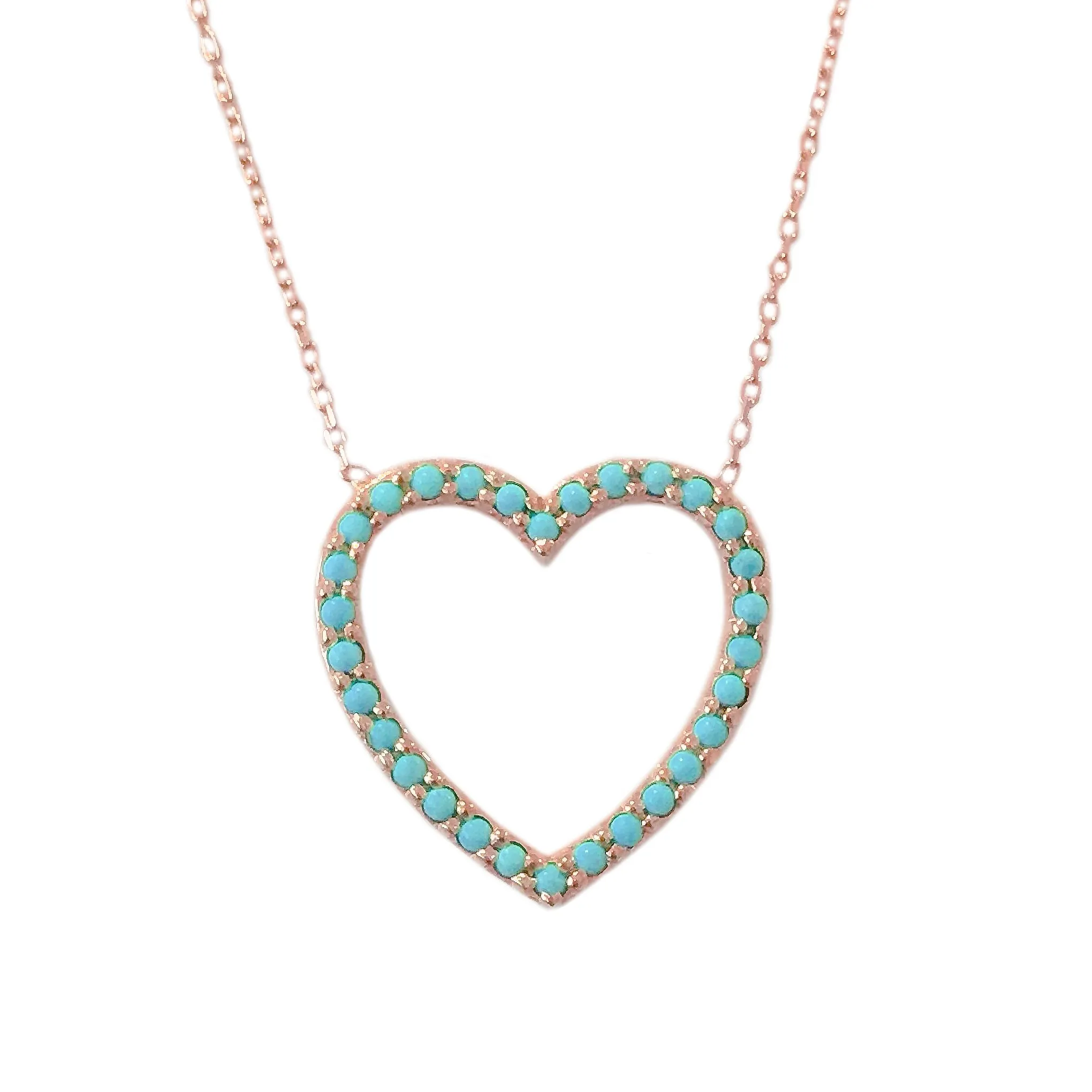 14K Gold Turquoise Heart Shape Frame Necklace, Medium Size
