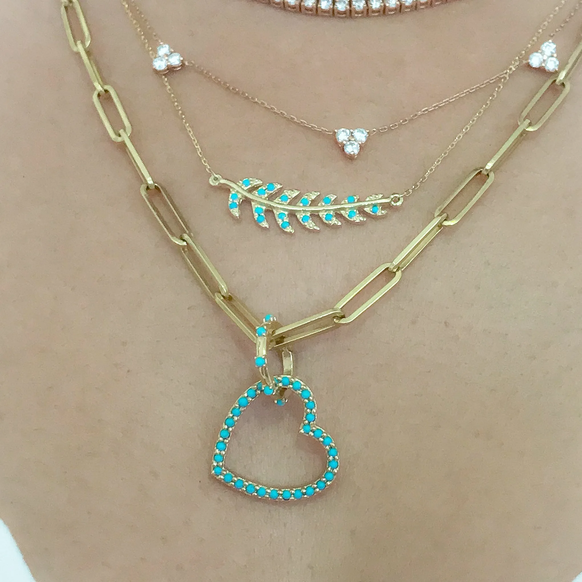 14K Gold Turquoise Heart Shape Frame Necklace, Medium Size