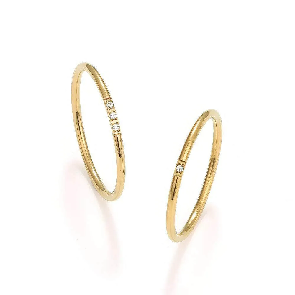 14k Gold Two Sets Paved Crystals Thin Rings