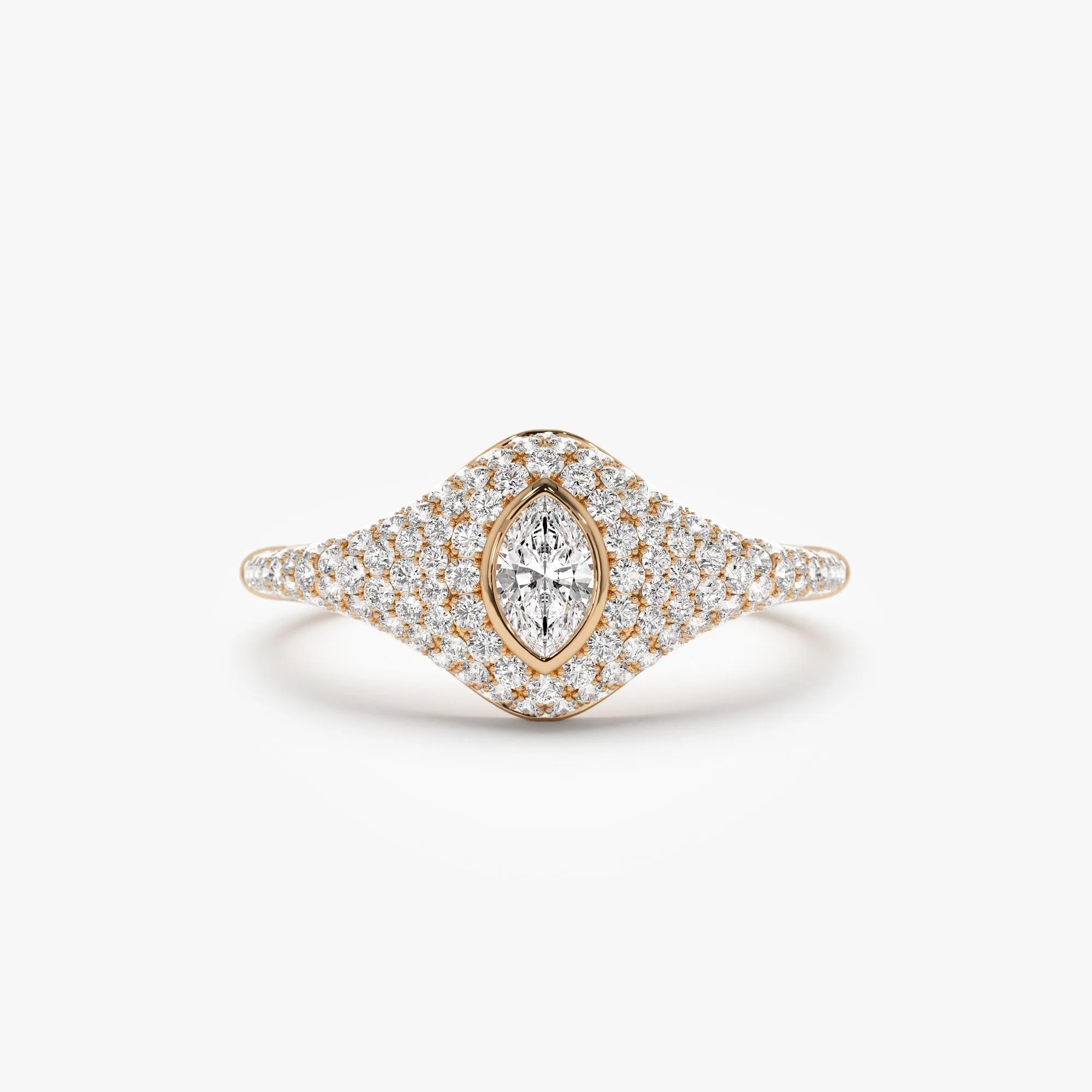 14K Pave Setting Marquise Shaped Diamond Signet Ring