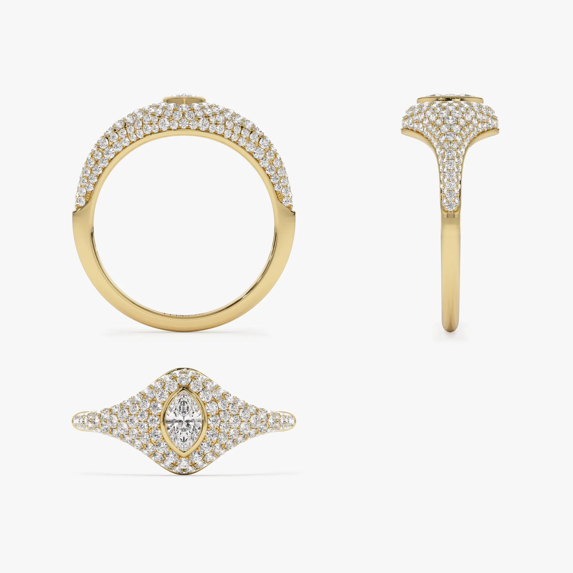 14K Pave Setting Marquise Shaped Diamond Signet Ring