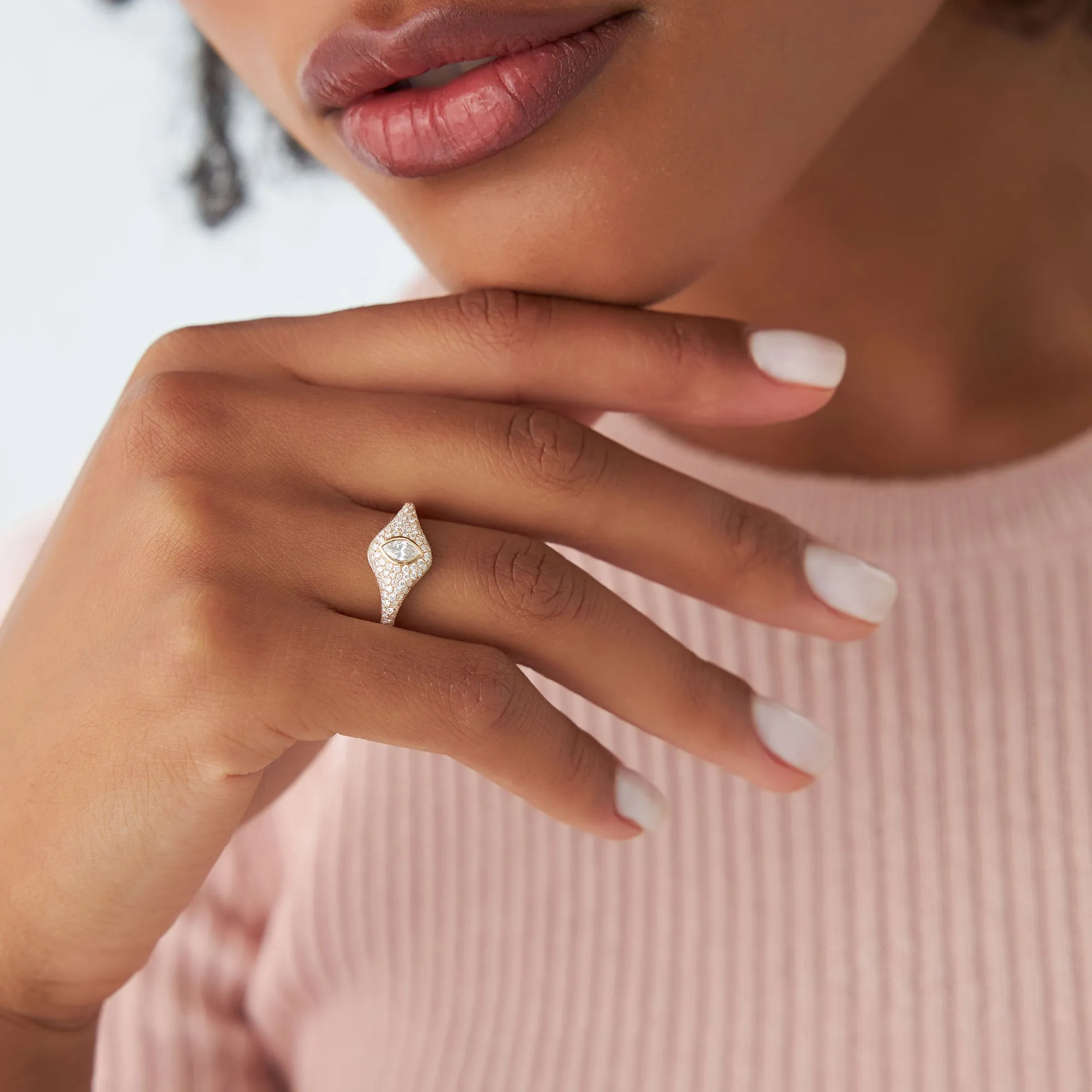 14K Pave Setting Marquise Shaped Diamond Signet Ring