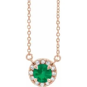 14K Rose 5 mm Natural Emerald & 1/10 CTW Natural Diamond 18" Necklace