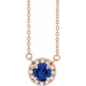 14K Rose 5.5 mm Natural Blue Sapphire 1/10 CTW Natural Diamond 16" Necklace