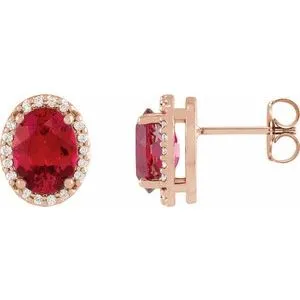 14K Rose 5x3 mm Lab-Grown Ruby & .04 CTW Natural Diamond Halo-Style Earring