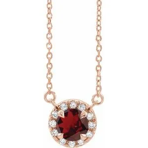 14K Rose 6.5 mm Natural Mozambique Garnet & 1/6 CTW Natural Diamond 16" Necklace