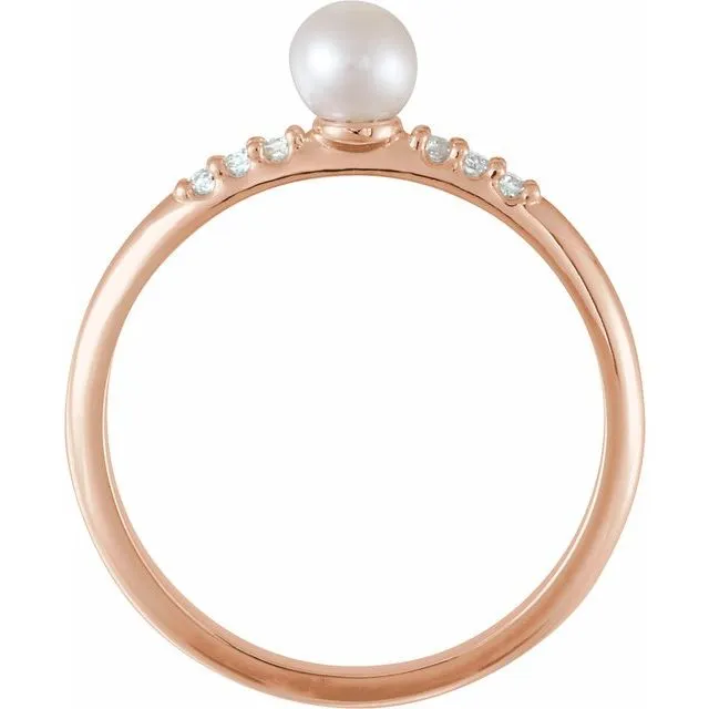 14K Rose Cultured White Freshwater Pearl & .05 CTW Natural Diamond Ring