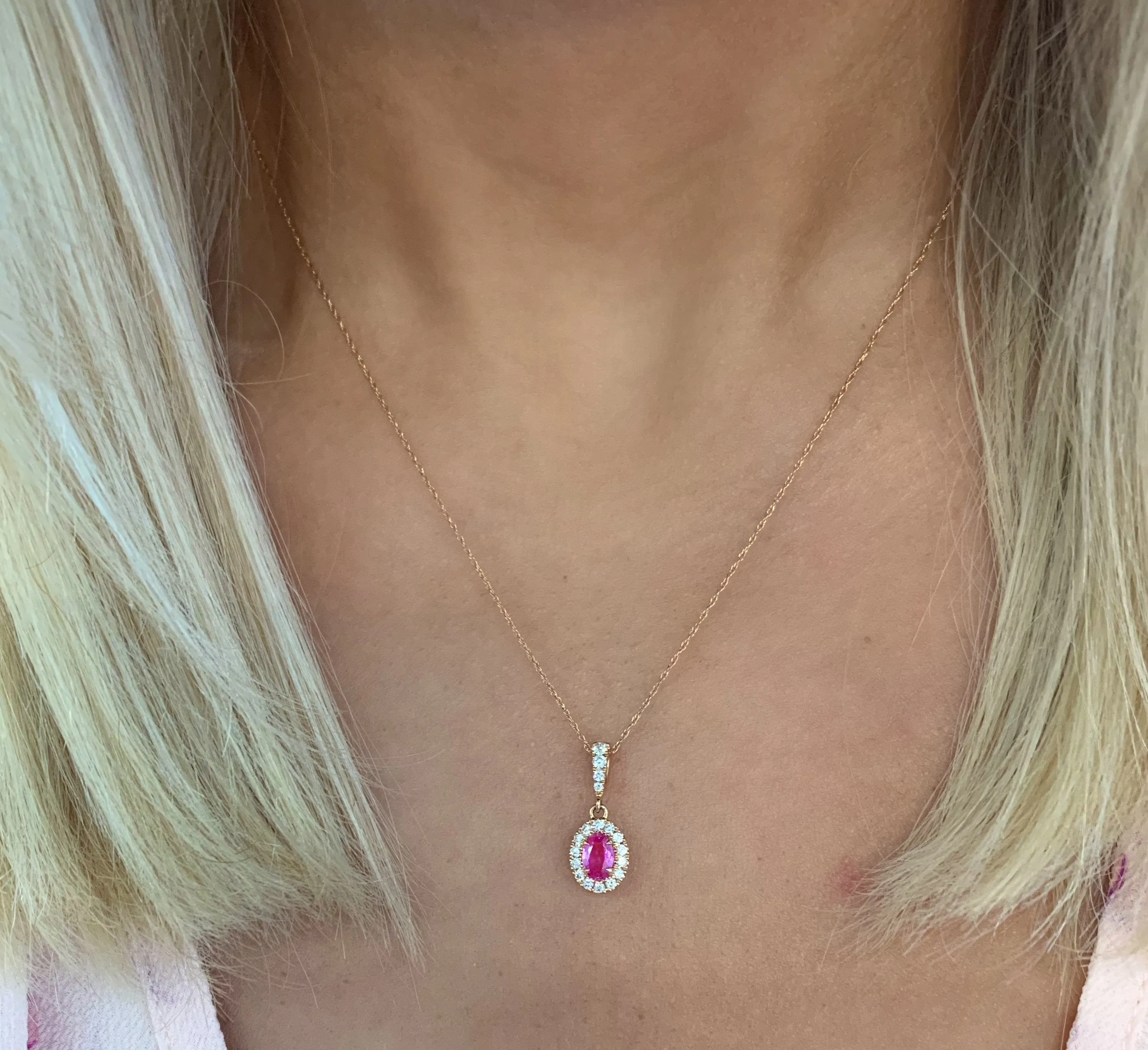 14K Rose Gold Oval Pink Sapphire And Diamond Halo Necklace (.83ctw)