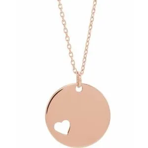 14K Rose Pierced Heart Engravable Disc 16-18" Necklace