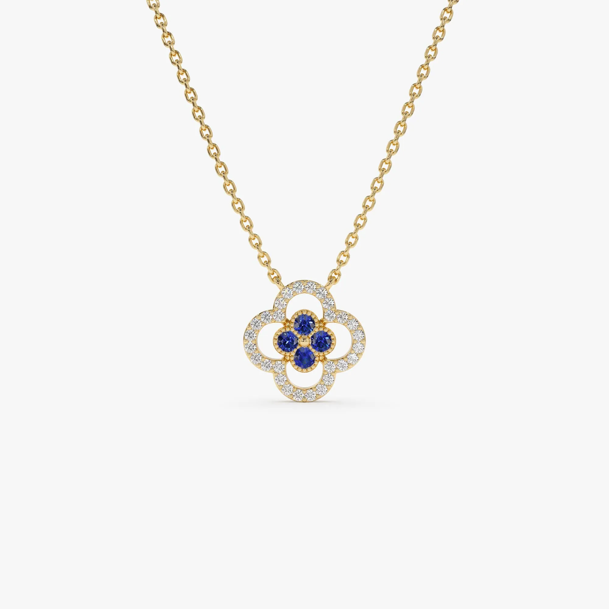 14k Sapphire Clover Necklace in Halo Setting