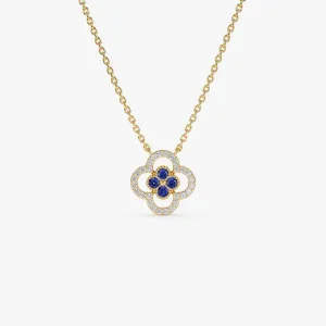 14k Sapphire Clover Necklace in Halo Setting