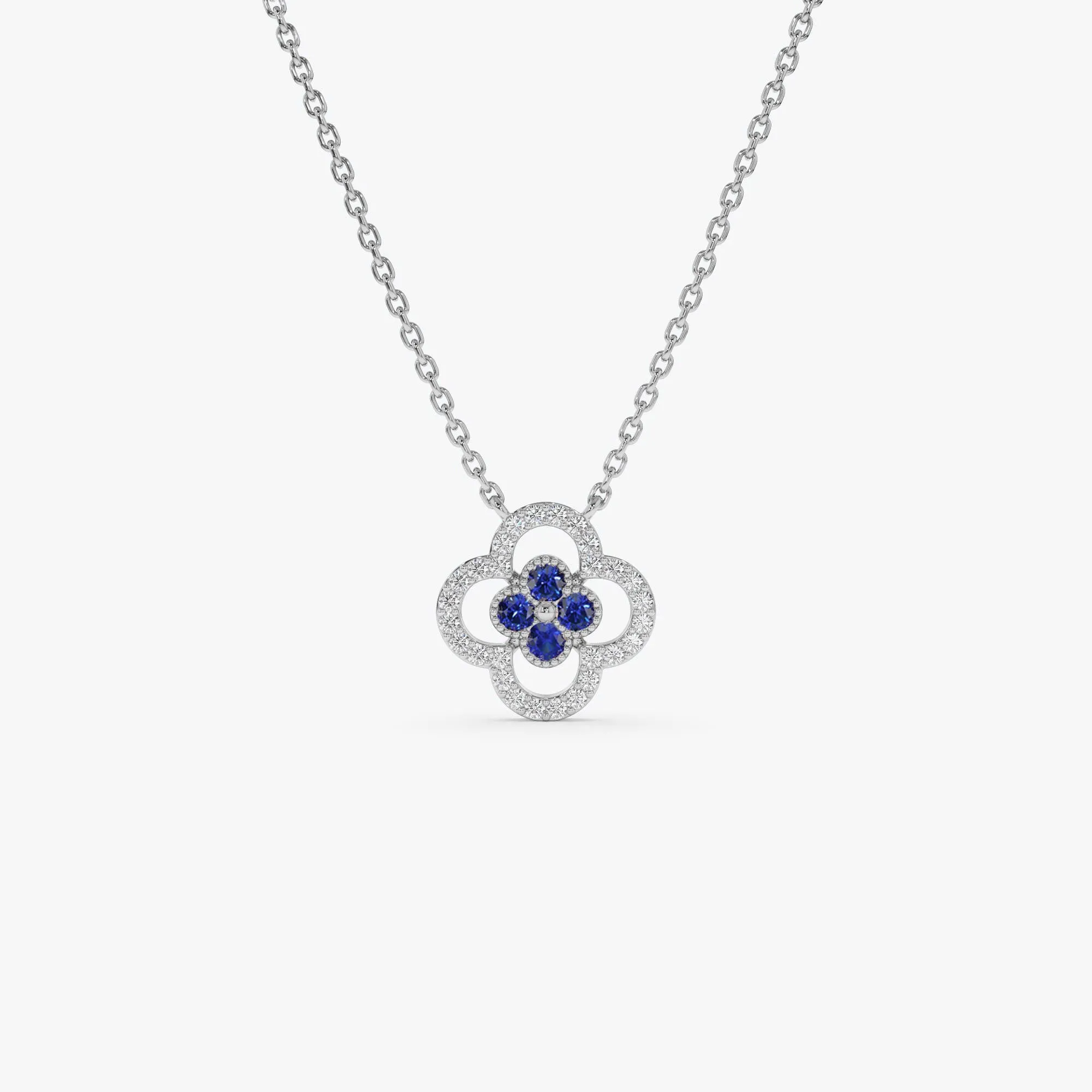 14k Sapphire Clover Necklace in Halo Setting