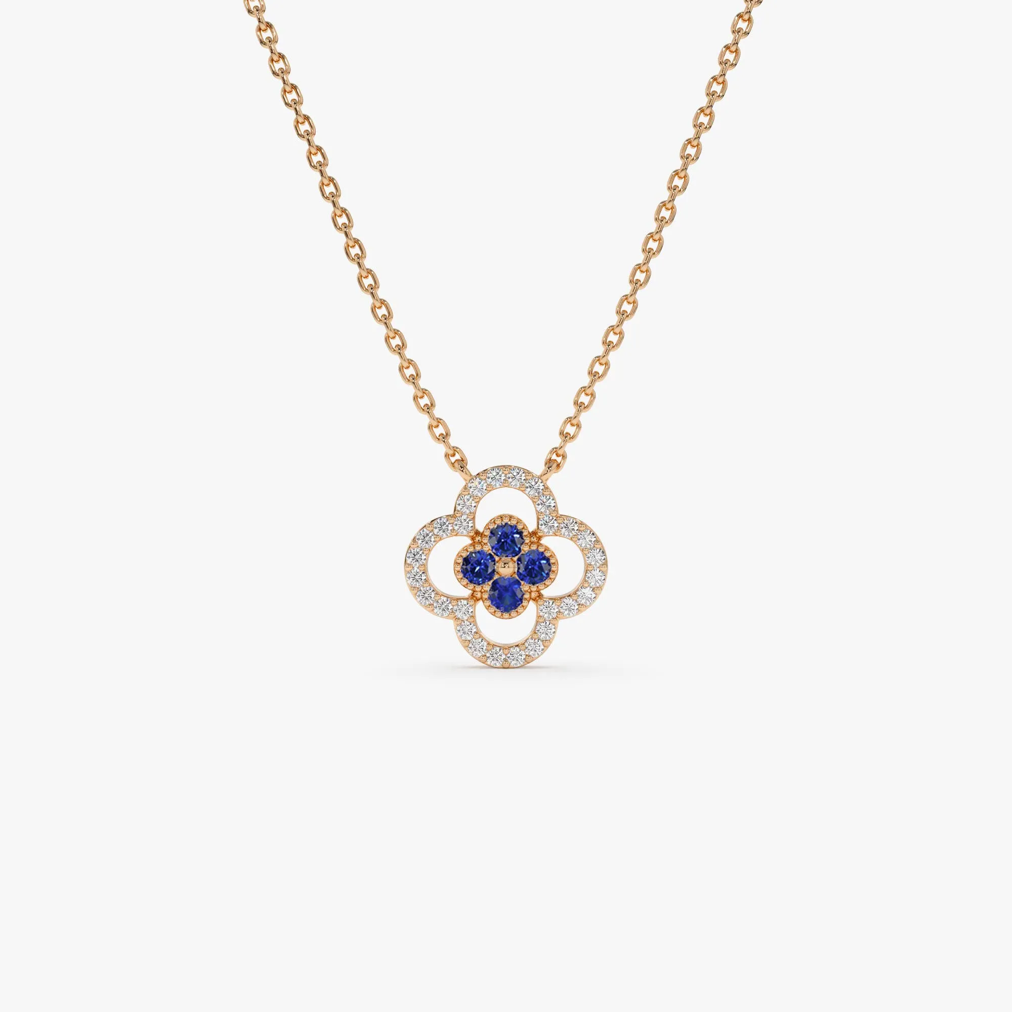 14k Sapphire Clover Necklace in Halo Setting