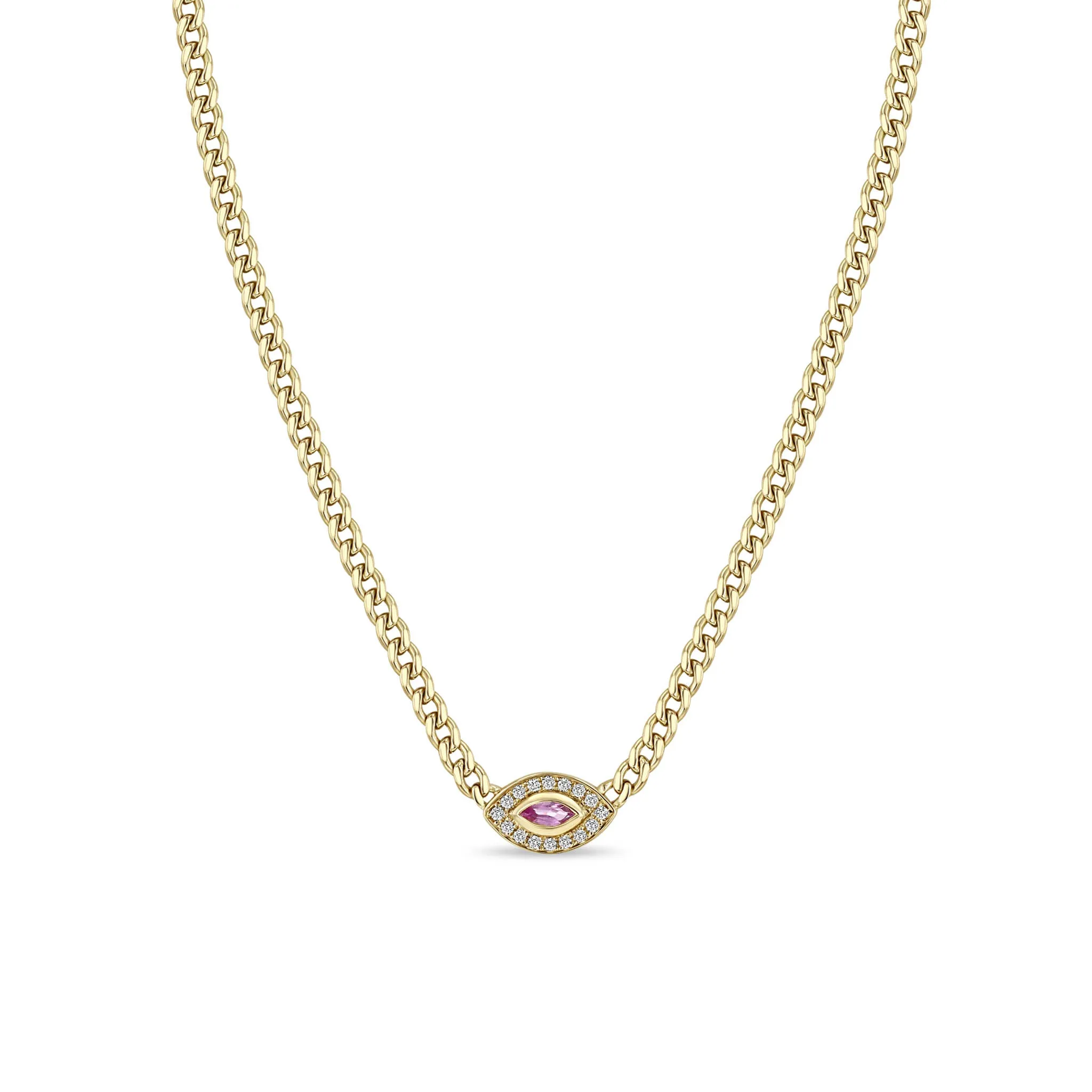 14k Small Curb Chain Marquise Pink Sapphire Halo Necklace