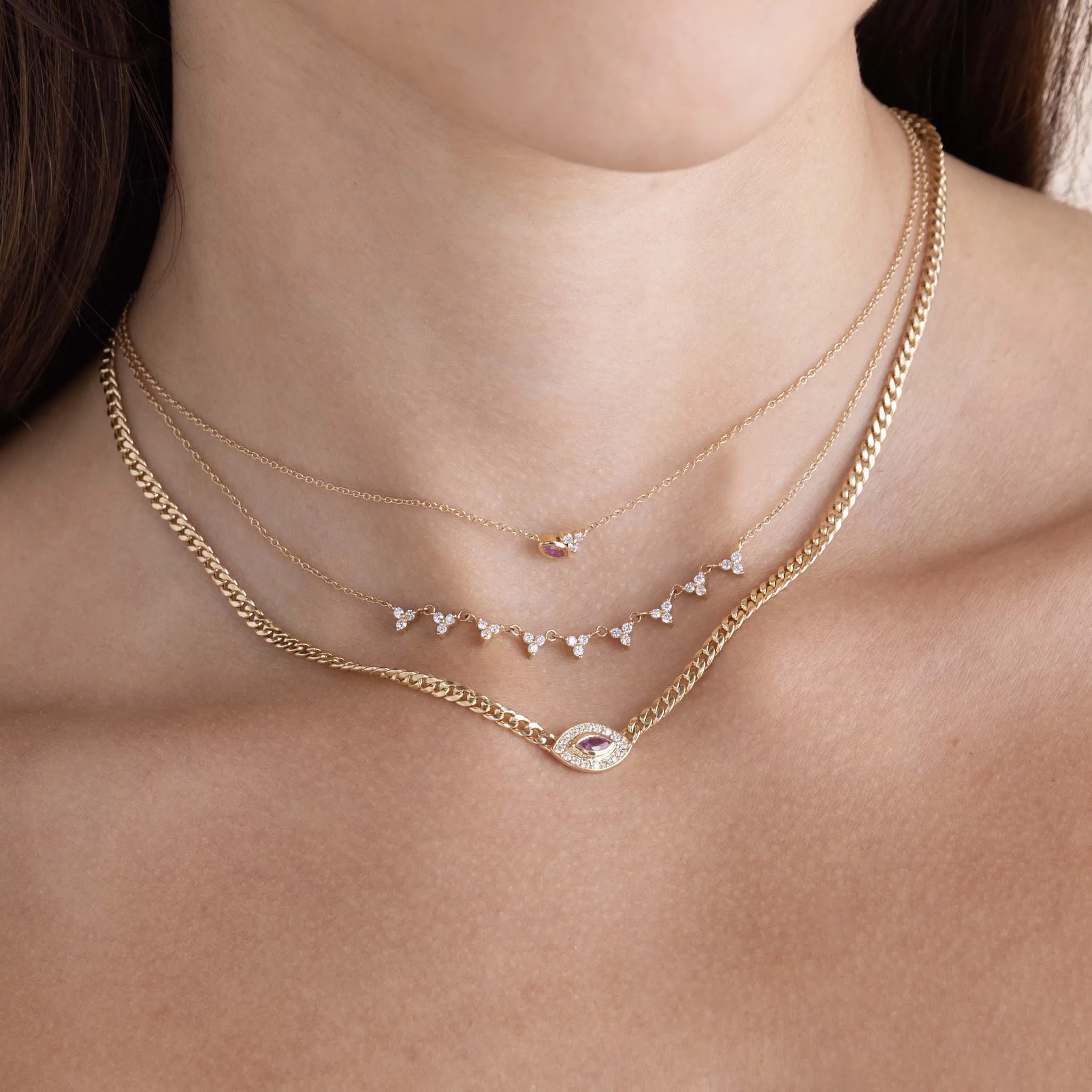 14k Small Curb Chain Marquise Pink Sapphire Halo Necklace