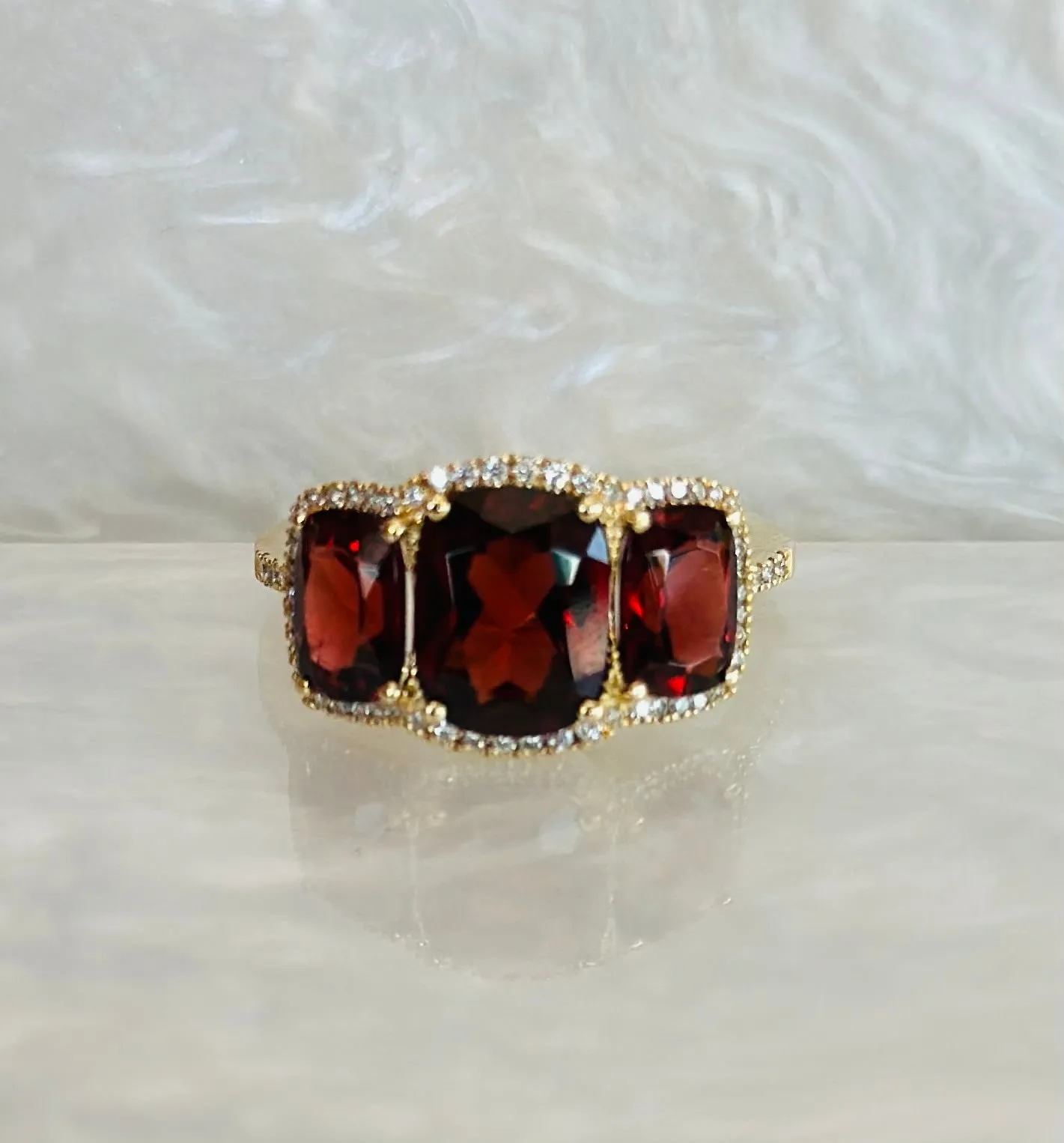 14k Three stone Garnet Ring