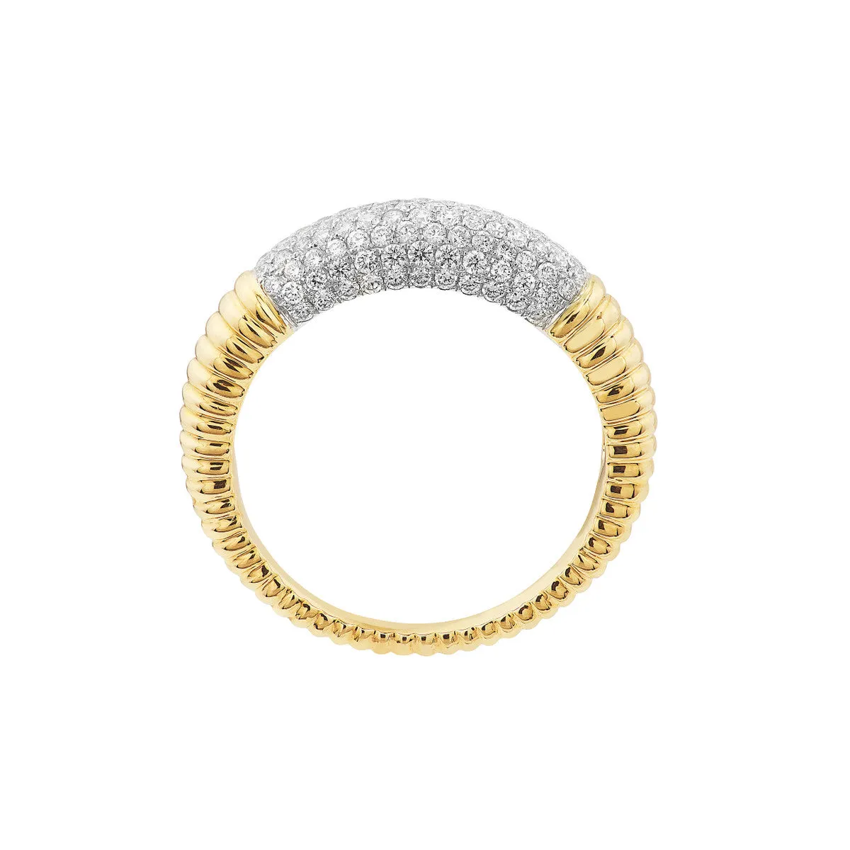 14k Two Tone Diamond Pave Ribbed Dome Ring
