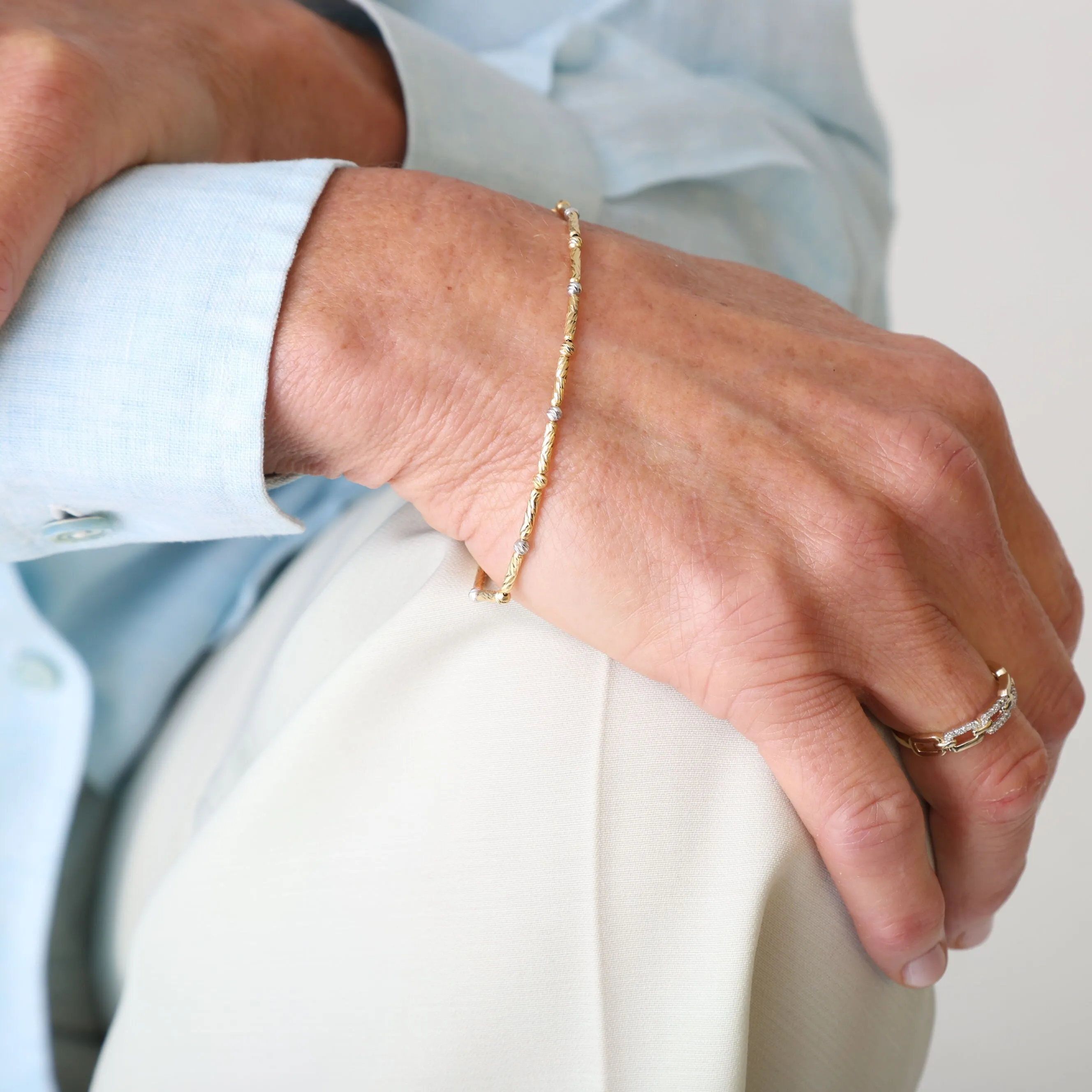 14K Two-Tone Gold Textured Bar and Bead Bracelet