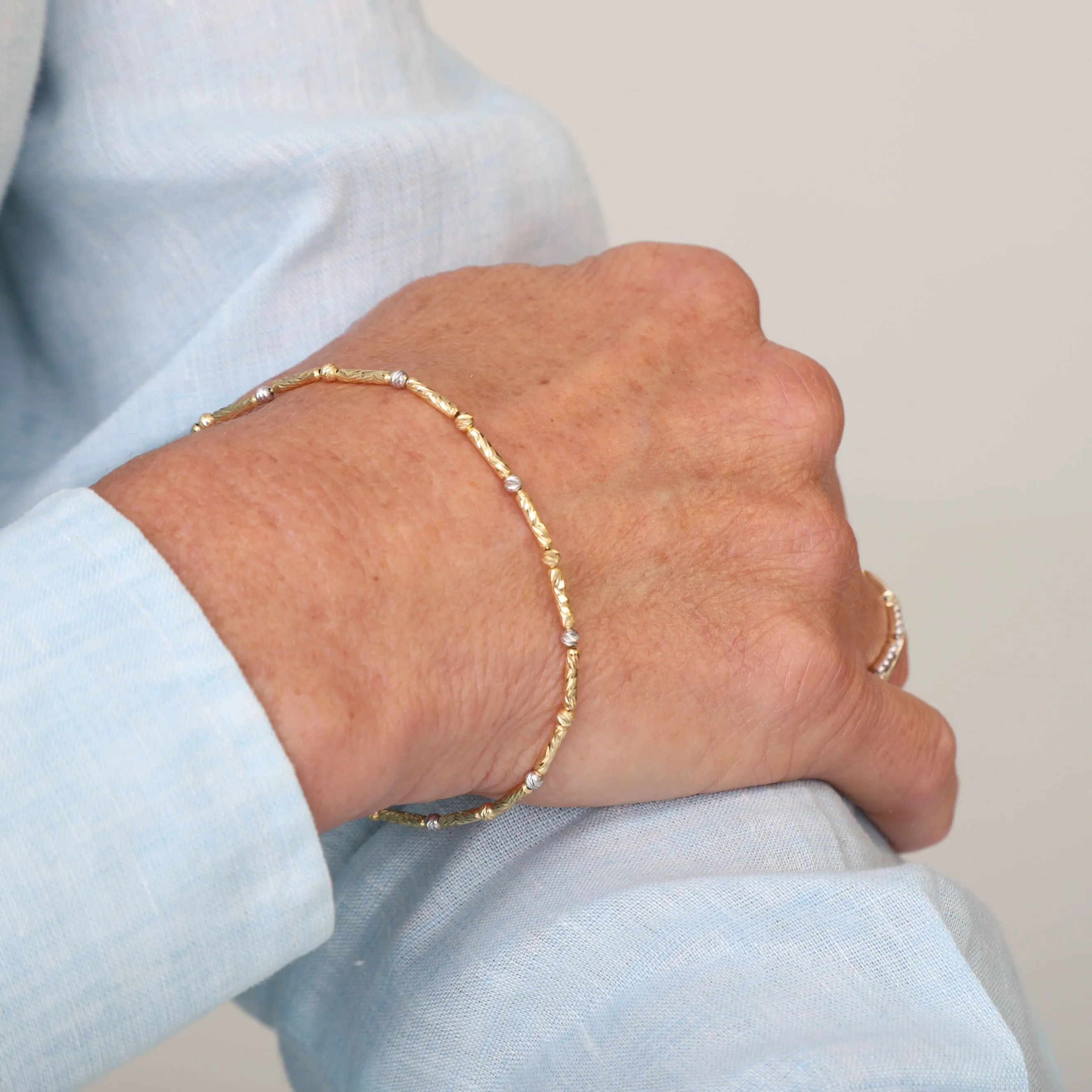 14K Two-Tone Gold Textured Bar and Bead Bracelet