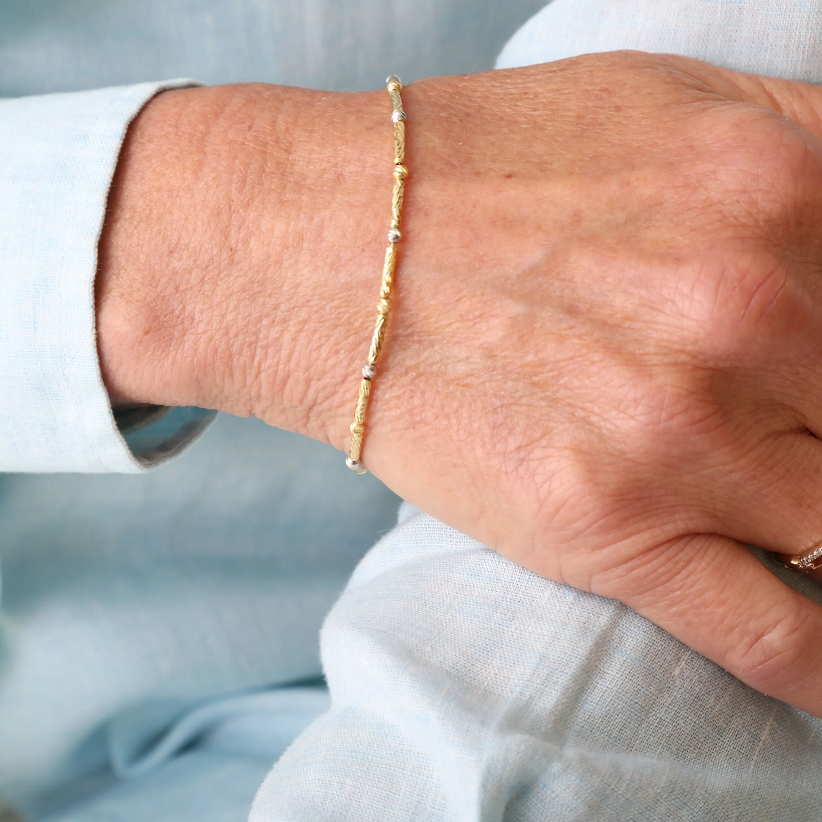 14K Two-Tone Gold Textured Bar and Bead Bracelet