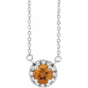 14K White 3 mm Natual Citrine & .03 CTW Natual Diamond 18" Necklace
