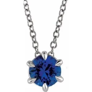 14K White 5 mm Natural Blue Sapphire Solitaire 16-18" Necklace